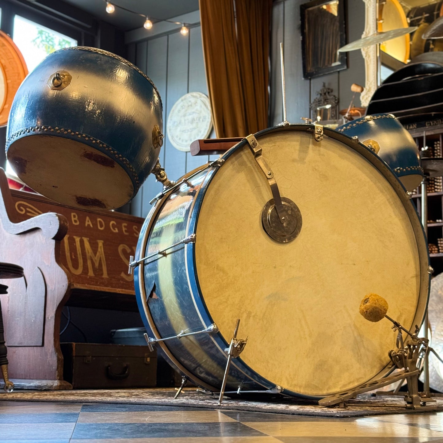 VINTAGE 1920's Leedy & Strupe Trap Kit in Silver & Blue Duco Pearl - 14x28, 9x13, 12x14, 5.5x14