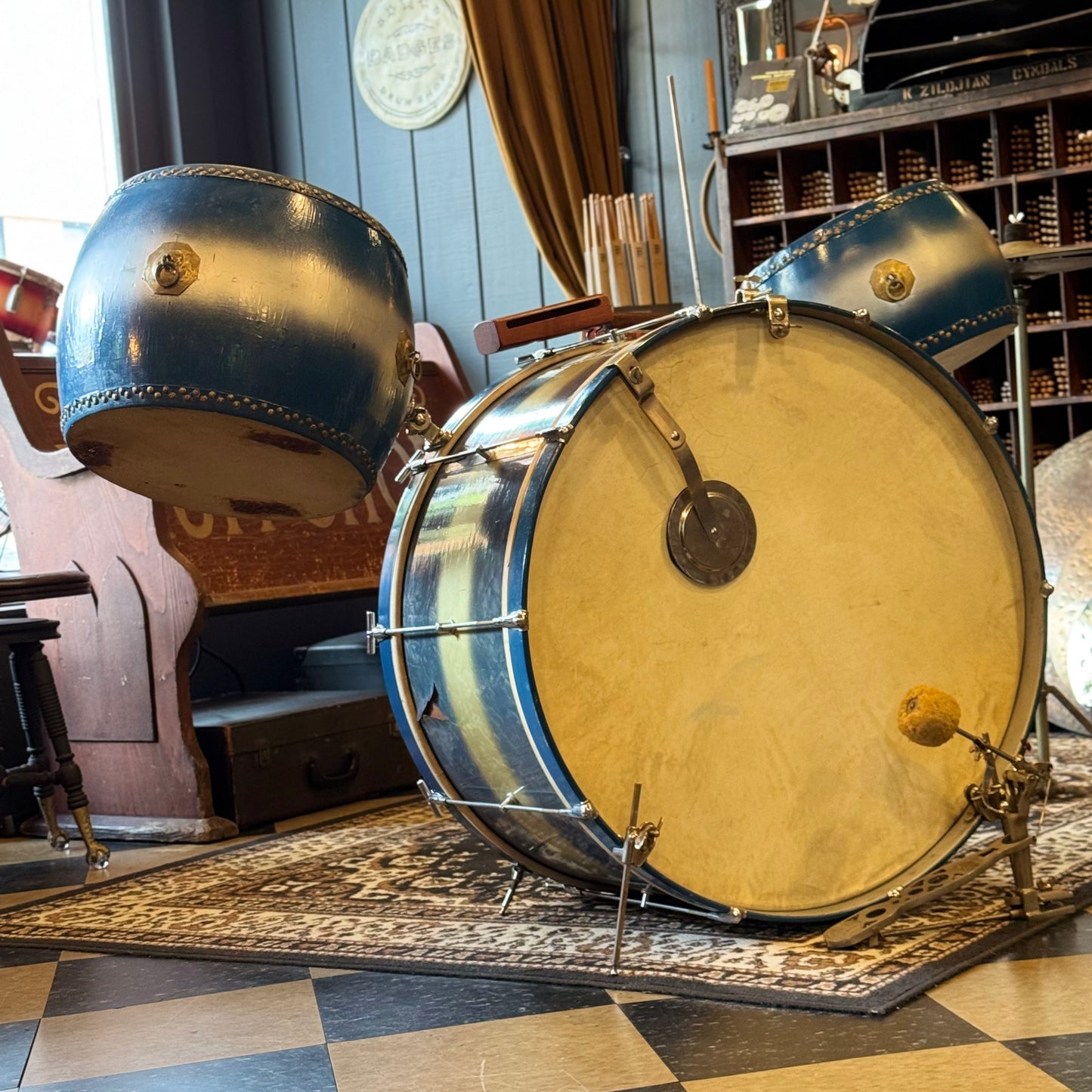 VINTAGE 1920's Leedy & Strupe Trap Kit in Silver & Blue Duco Pearl - 14x28, 9x13, 12x14, 5.5x14