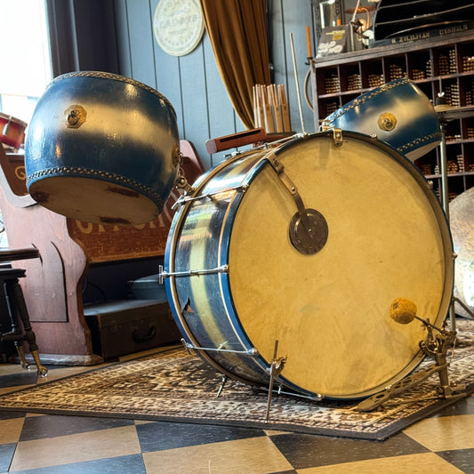 VINTAGE 1920's Leedy & Strupe Trap Kit in Silver & Blue Duco Pearl - 14x28, 9x13, 12x14, 5.5x14