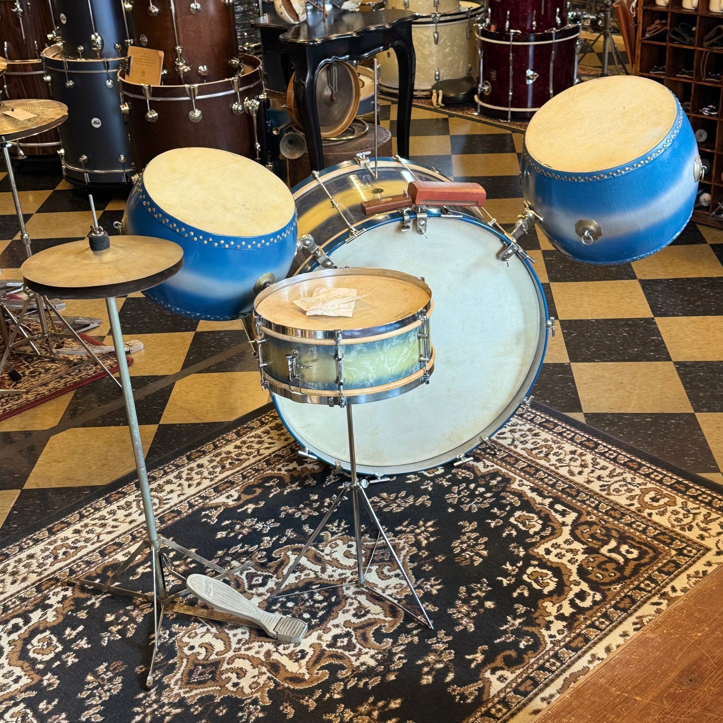 VINTAGE 1920's Leedy & Strupe Trap Kit in Silver & Blue Duco Pearl - 14x28, 9x13, 12x14, 5.5x14