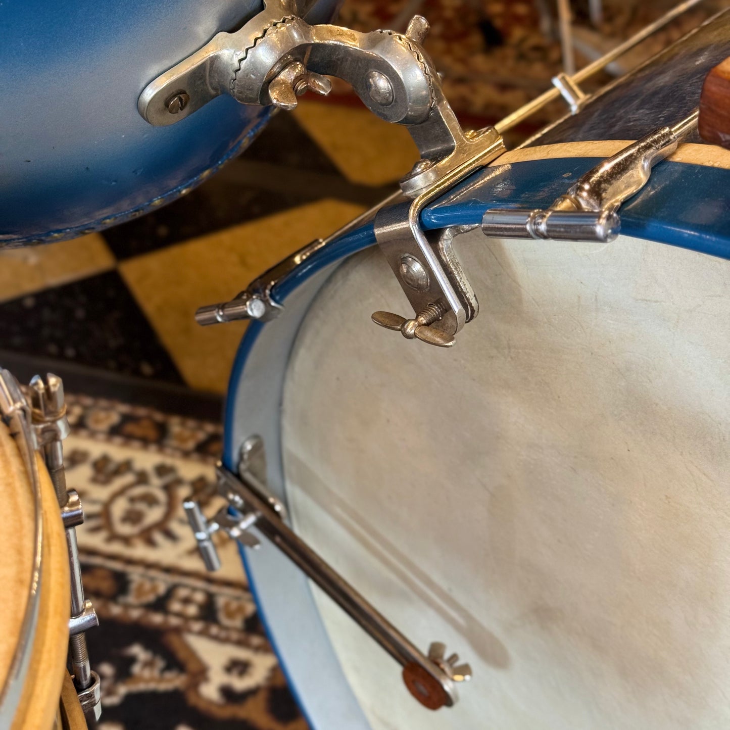VINTAGE 1920's Leedy & Strupe Trap Kit in Silver & Blue Duco Pearl - 14x28, 9x13, 12x14, 5.5x14