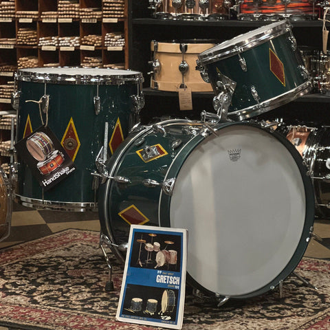 VINTAGE 1960's Gretsch Round Badge in Cadillac Green Glass Glitter Lacquer w/ Full Dress Diamonds - refurbished by Handshake Drums- 14x20, 8x12, 16x16