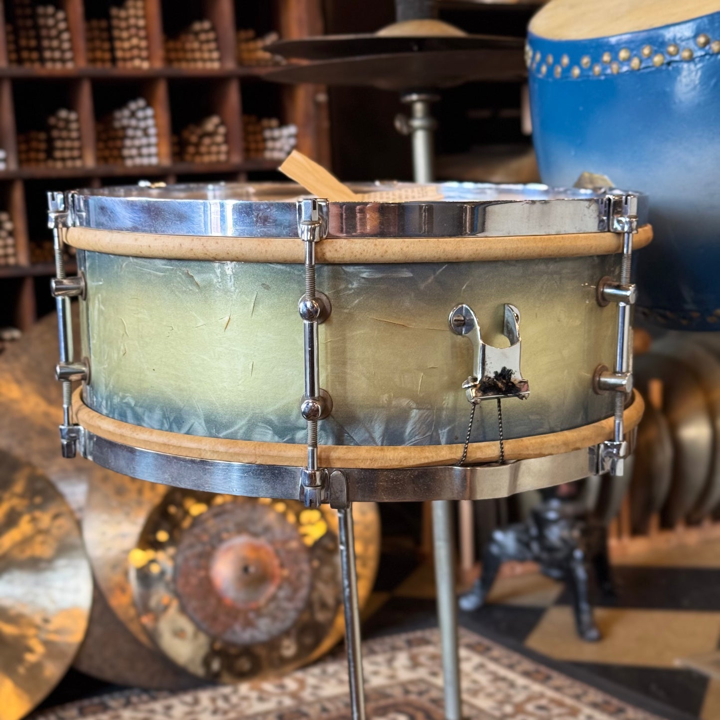 VINTAGE 1920's Leedy & Strupe Trap Kit in Silver & Blue Duco Pearl - 14x28, 9x13, 12x14, 5.5x14