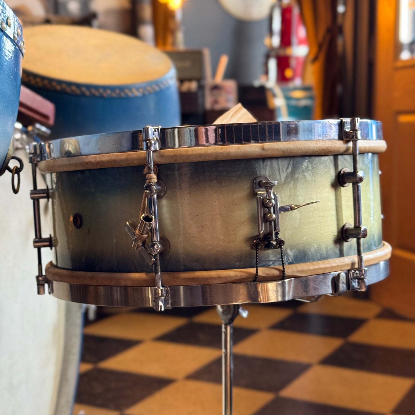 VINTAGE 1920's Leedy & Strupe Trap Kit in Silver & Blue Duco Pearl - 14x28, 9x13, 12x14, 5.5x14