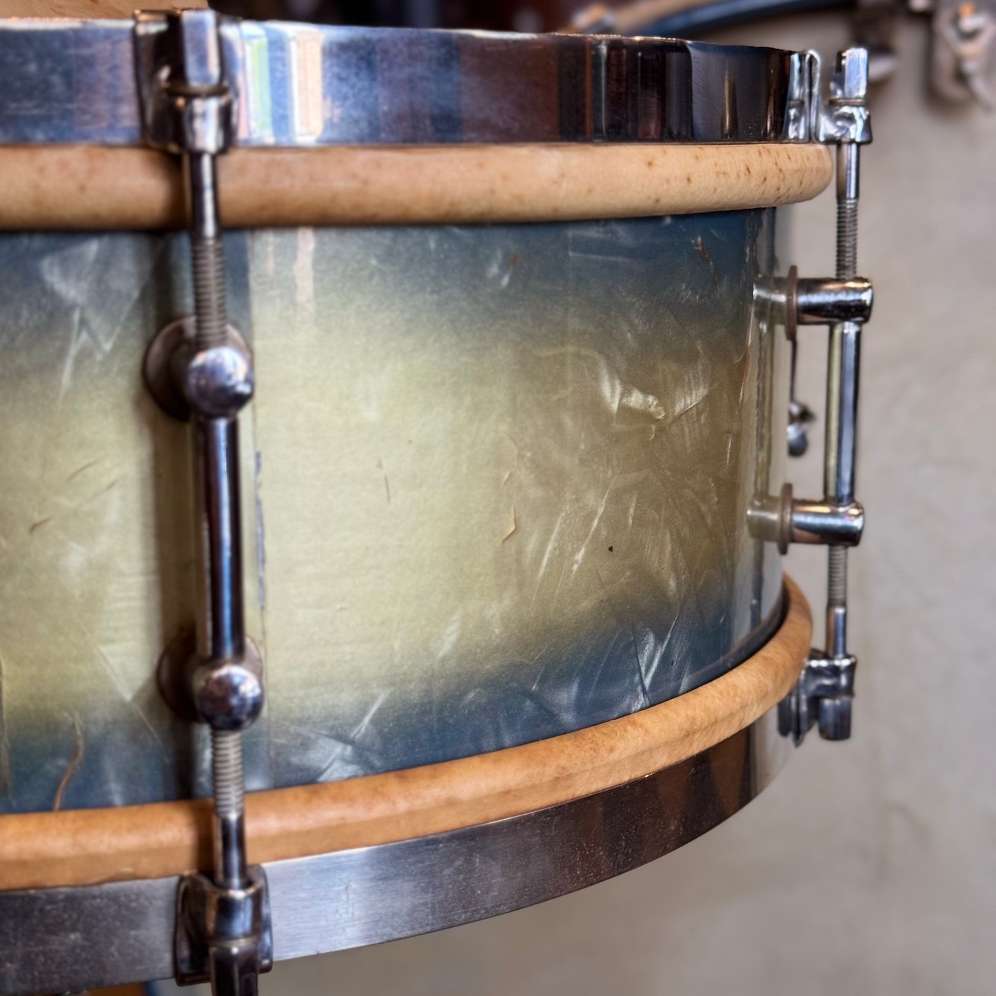 VINTAGE 1920's Leedy & Strupe Trap Kit in Silver & Blue Duco Pearl - 14x28, 9x13, 12x14, 5.5x14