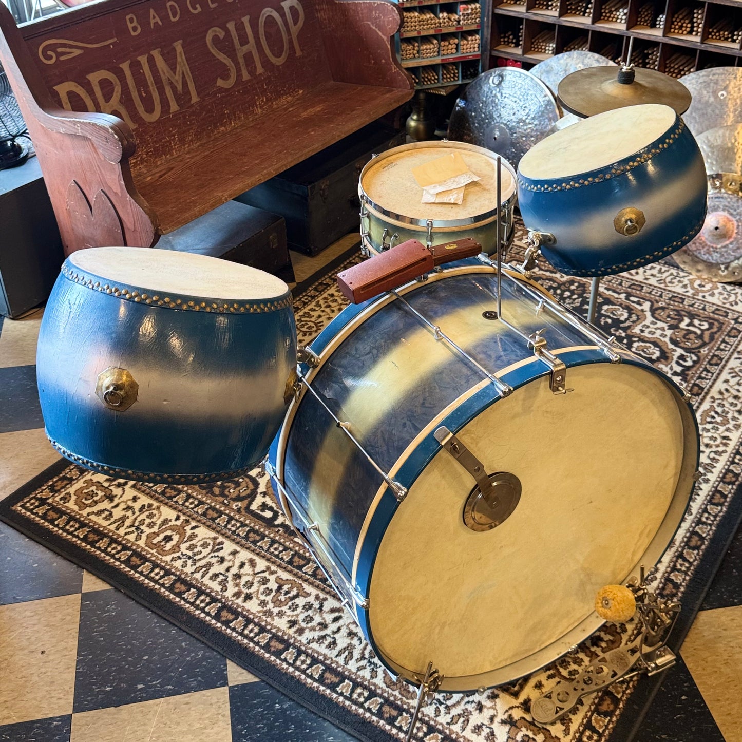 VINTAGE 1920's Leedy & Strupe Trap Kit in Silver & Blue Duco Pearl - 14x28, 9x13, 12x14, 5.5x14