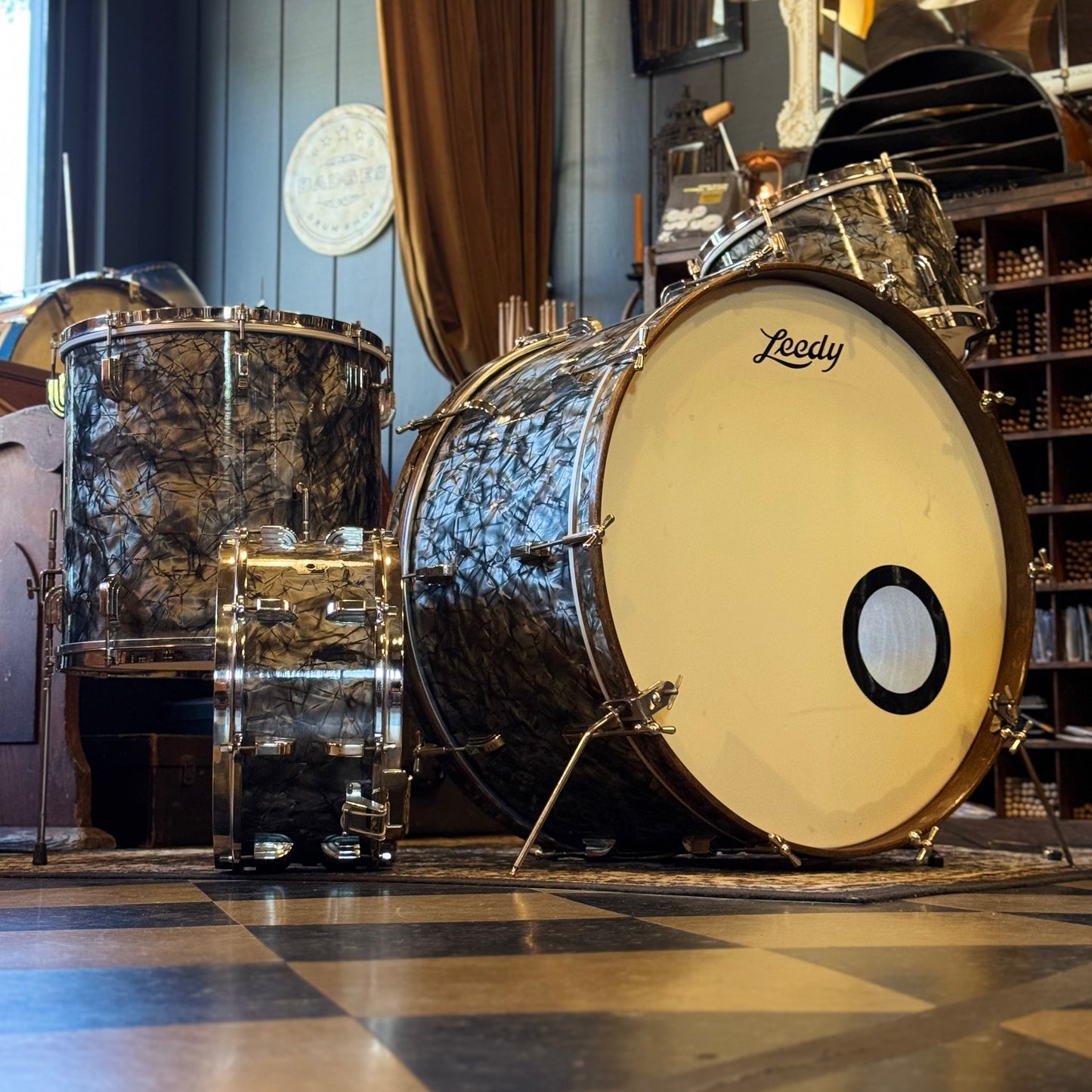 VINTAGE 1940's Leedy Drum Set in Black Diamond Pearl - 14x24, 9x13, 16x16 & 7x14 Broadway Snare Drum