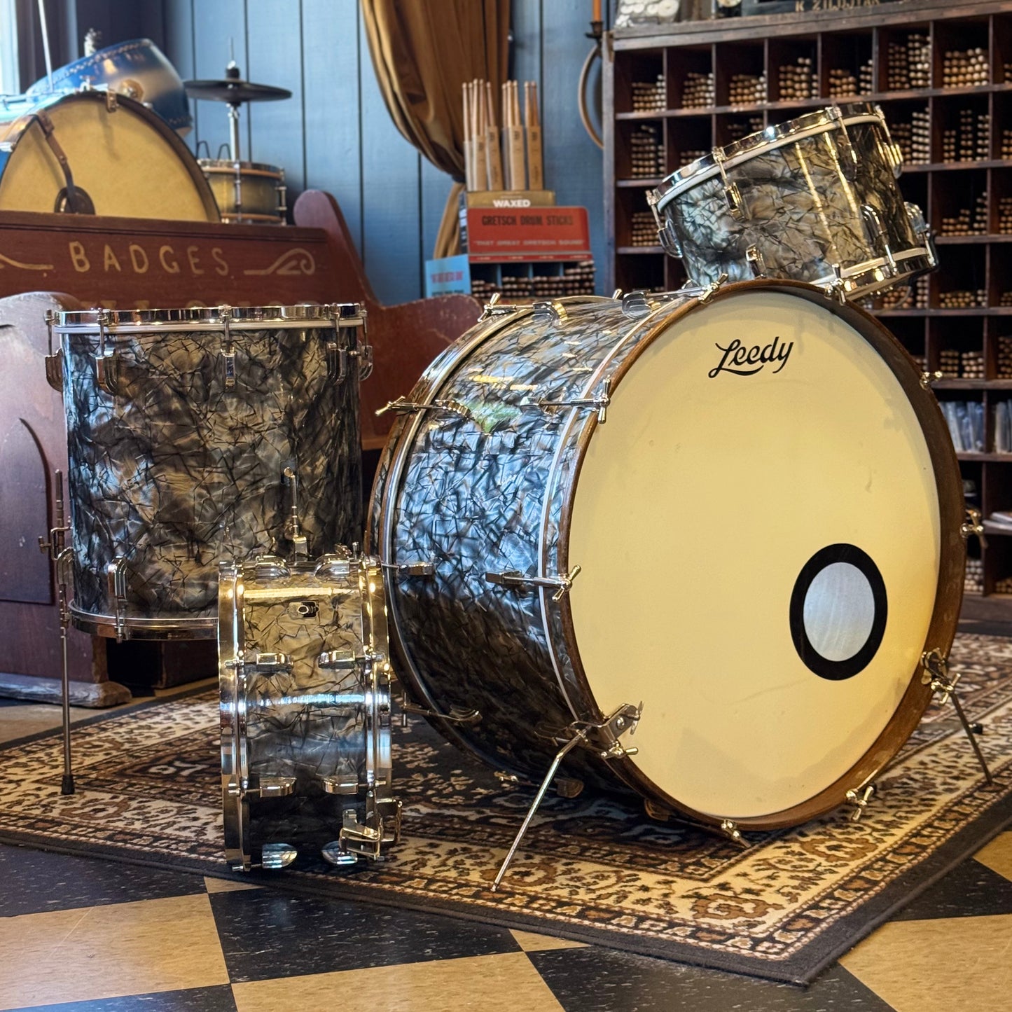 VINTAGE 1940's Leedy Drum Set in Black Diamond Pearl - 14x24, 9x13, 16x16 & 7x14 Broadway Snare Drum
