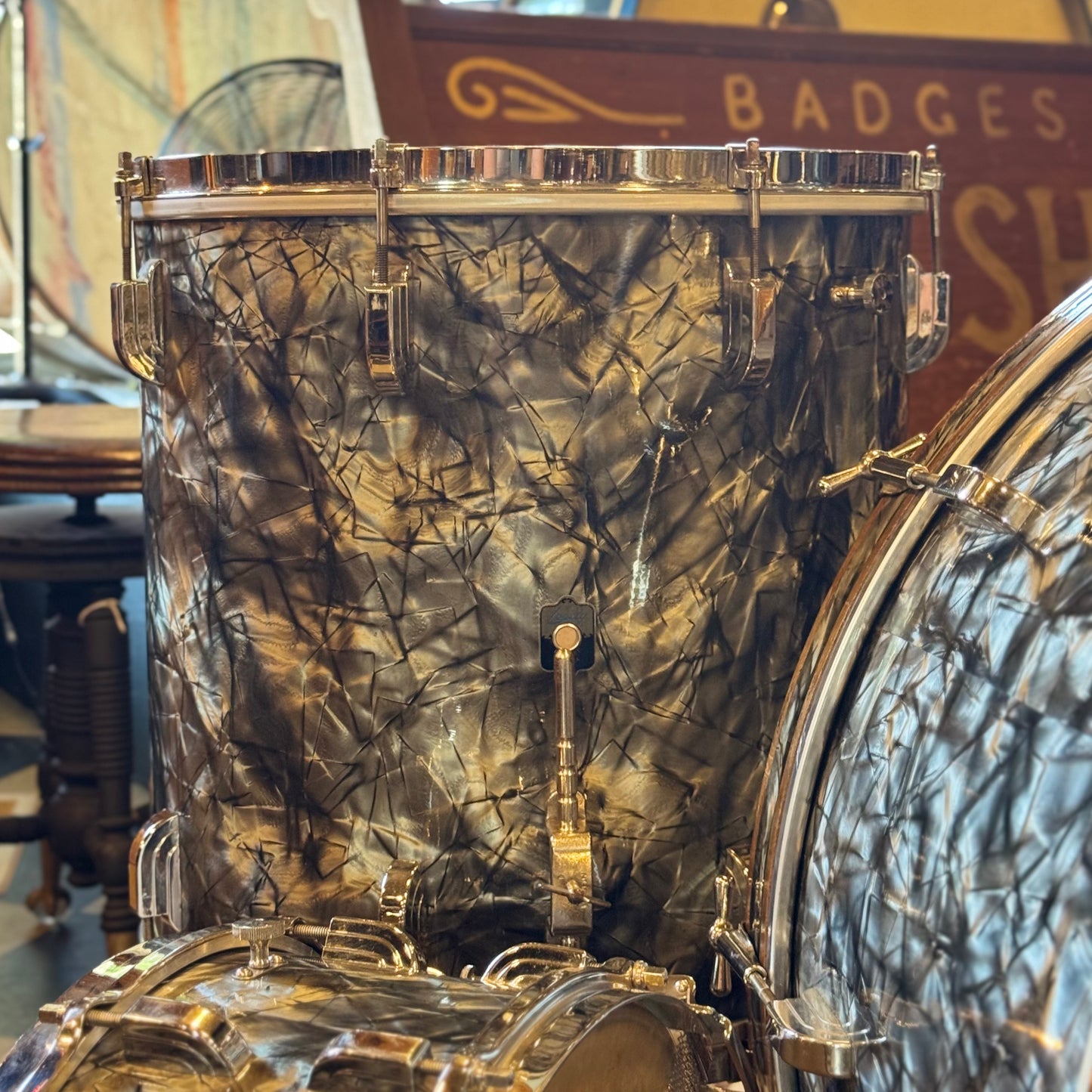VINTAGE 1940's Leedy Drum Set in Black Diamond Pearl - 14x24, 9x13, 16x16 & 7x14 Broadway Snare Drum