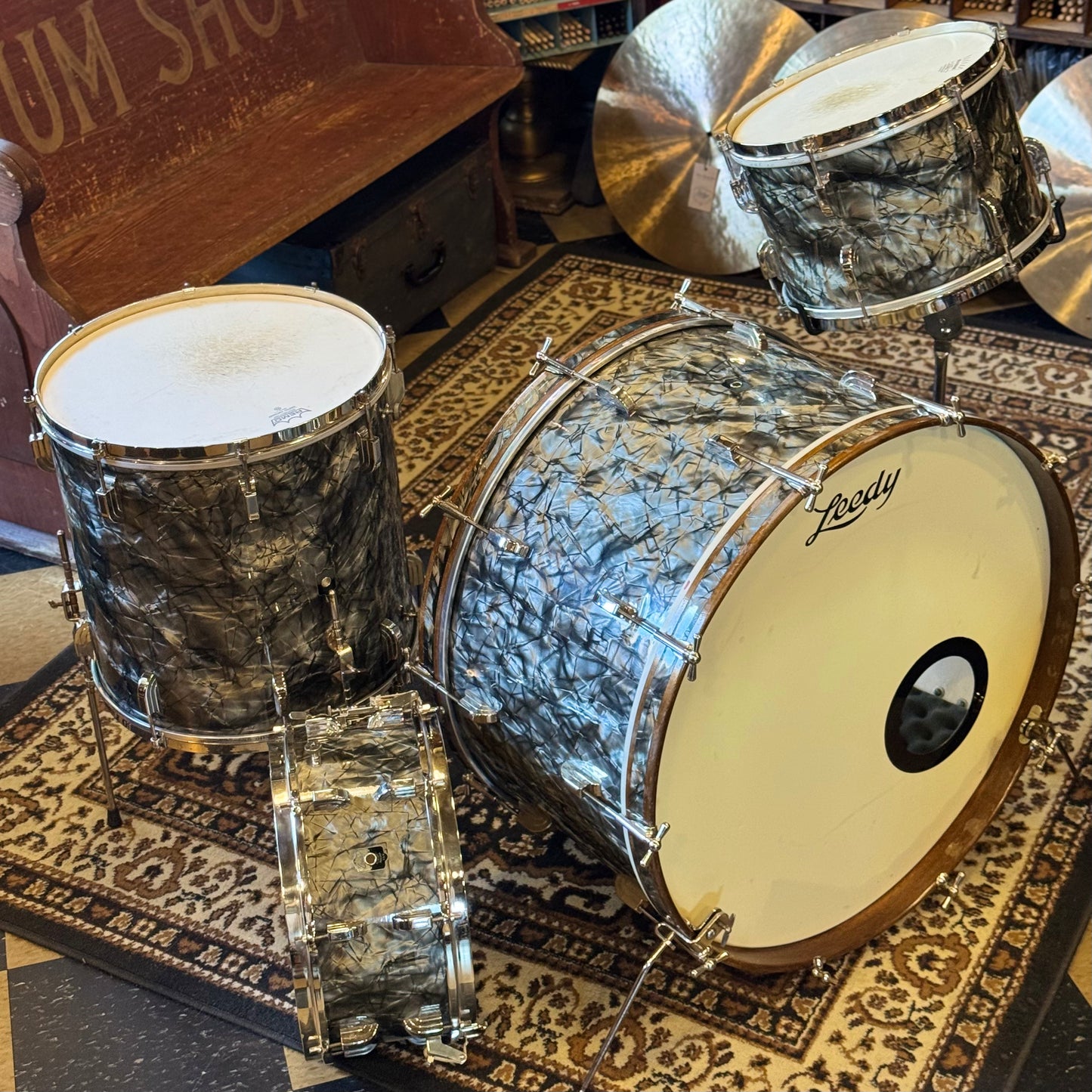 VINTAGE 1940's Leedy Drum Set in Black Diamond Pearl - 14x24, 9x13, 16x16 & 7x14 Broadway Snare Drum