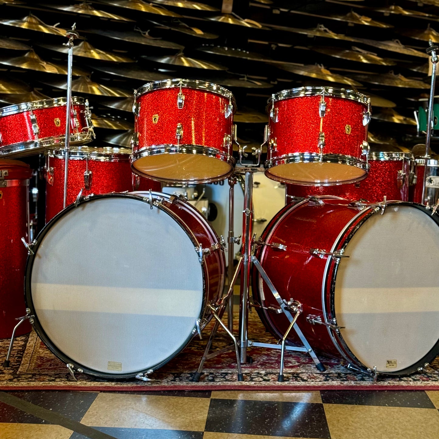 VINTAGE 1961-1962 Ludwig Pre-Serial No. 981 Blue Note Outfit in Red Sparkle w/ Canister Throne 14x20, 14x20, 8x12, 8x12, 16x16, 16x18