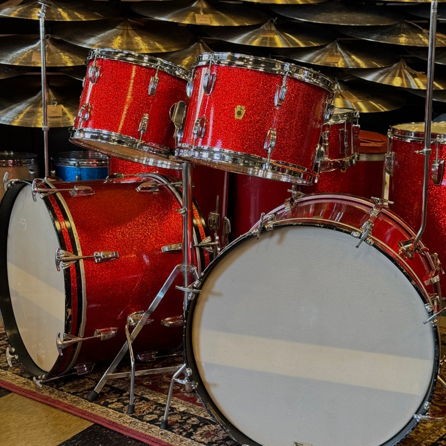 VINTAGE 1961-1962 Ludwig Pre-Serial No. 981 Blue Note Outfit in Red Sparkle w/ Canister Throne 14x20, 14x20, 8x12, 8x12, 16x16, 16x18