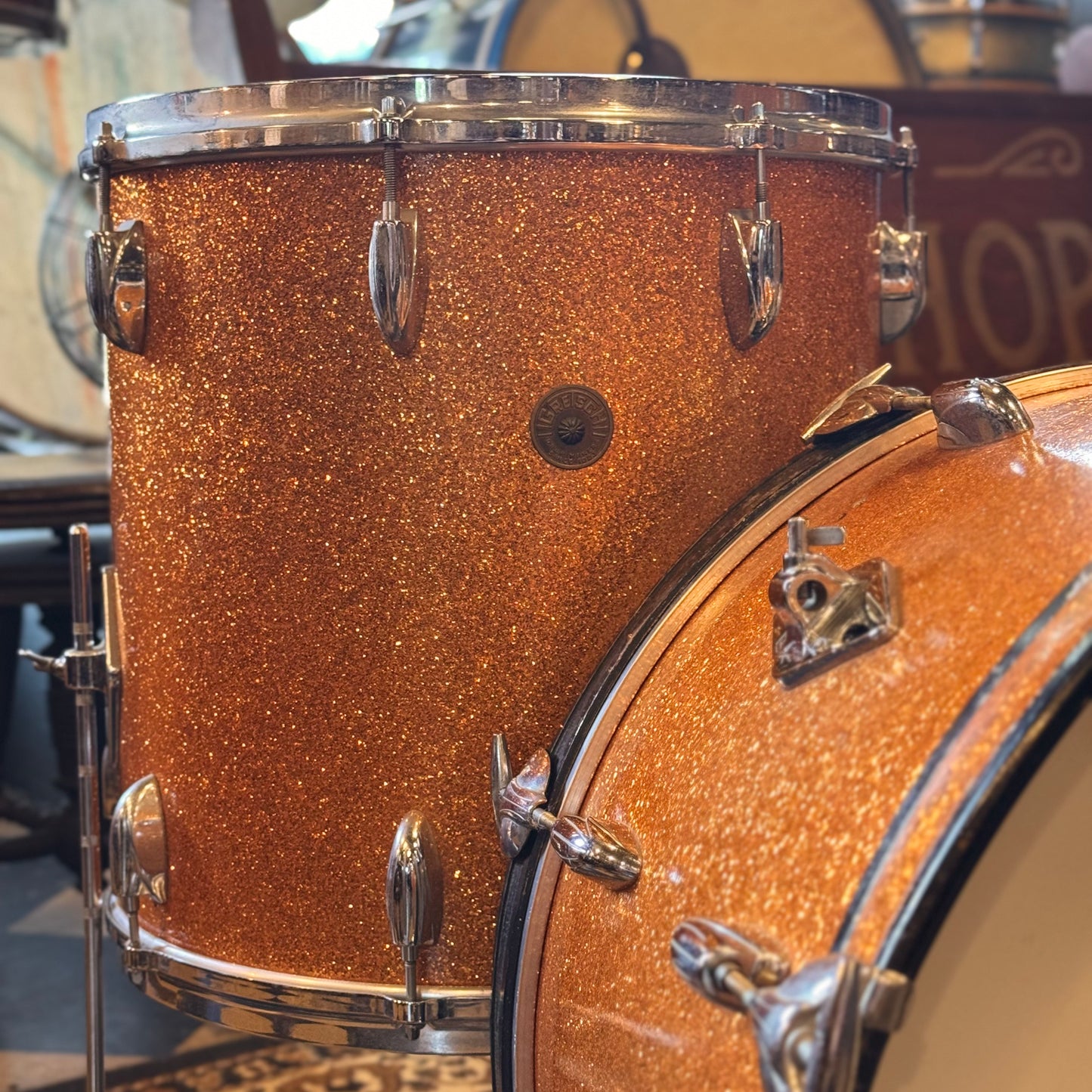 VINTAGE 1960's Gretsch Round Badge "Name Band" Outfit in Gold Sparkle - 14x22, 9x13, 16x16