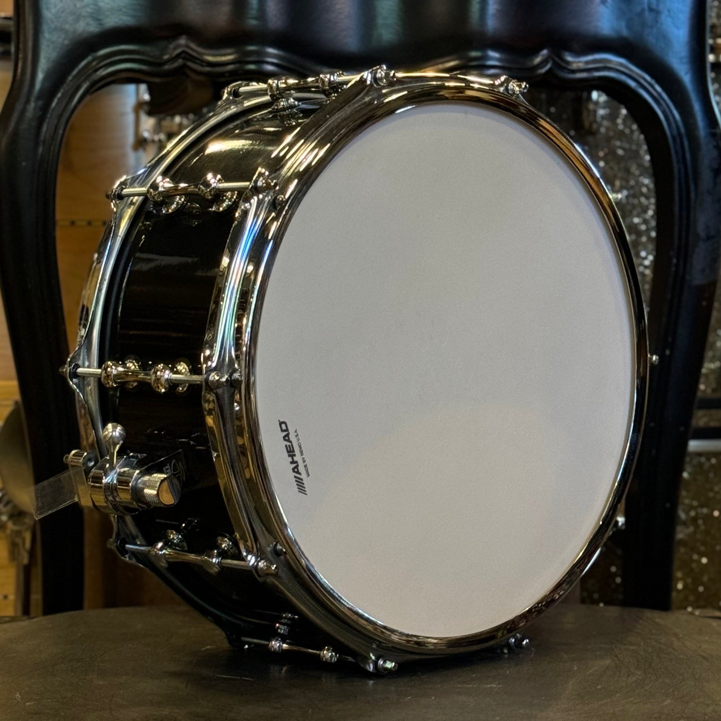 USED Ahead 6.5x14 Steam Bent Solid Shell Maple Snare Drum in Black Lacquer