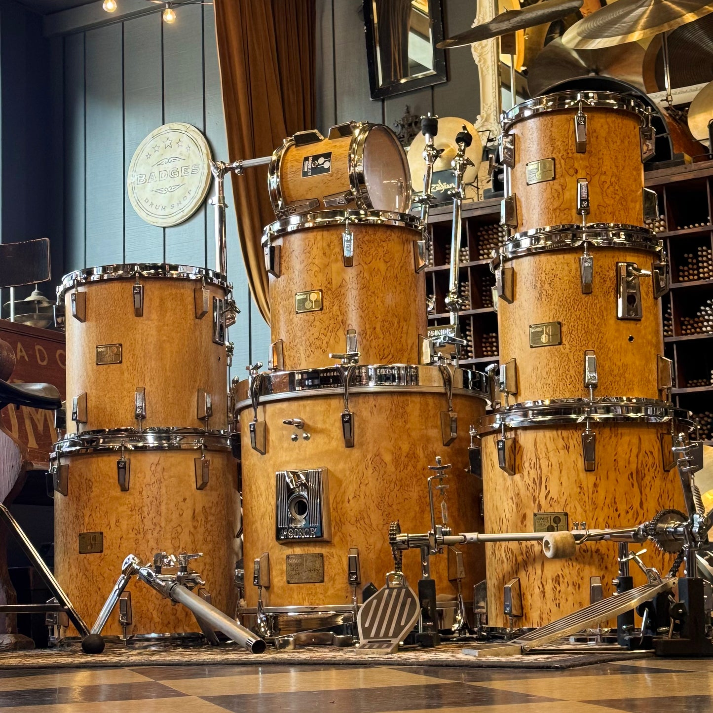 VINTAGE 1980's Sonor Signature Horst Link Heavy Beech Drum Set in Scandinavian Maserbirke - 20x20, 8x8, 10x10, 12x12, 13x13, 14x14, 15x15, 16x16