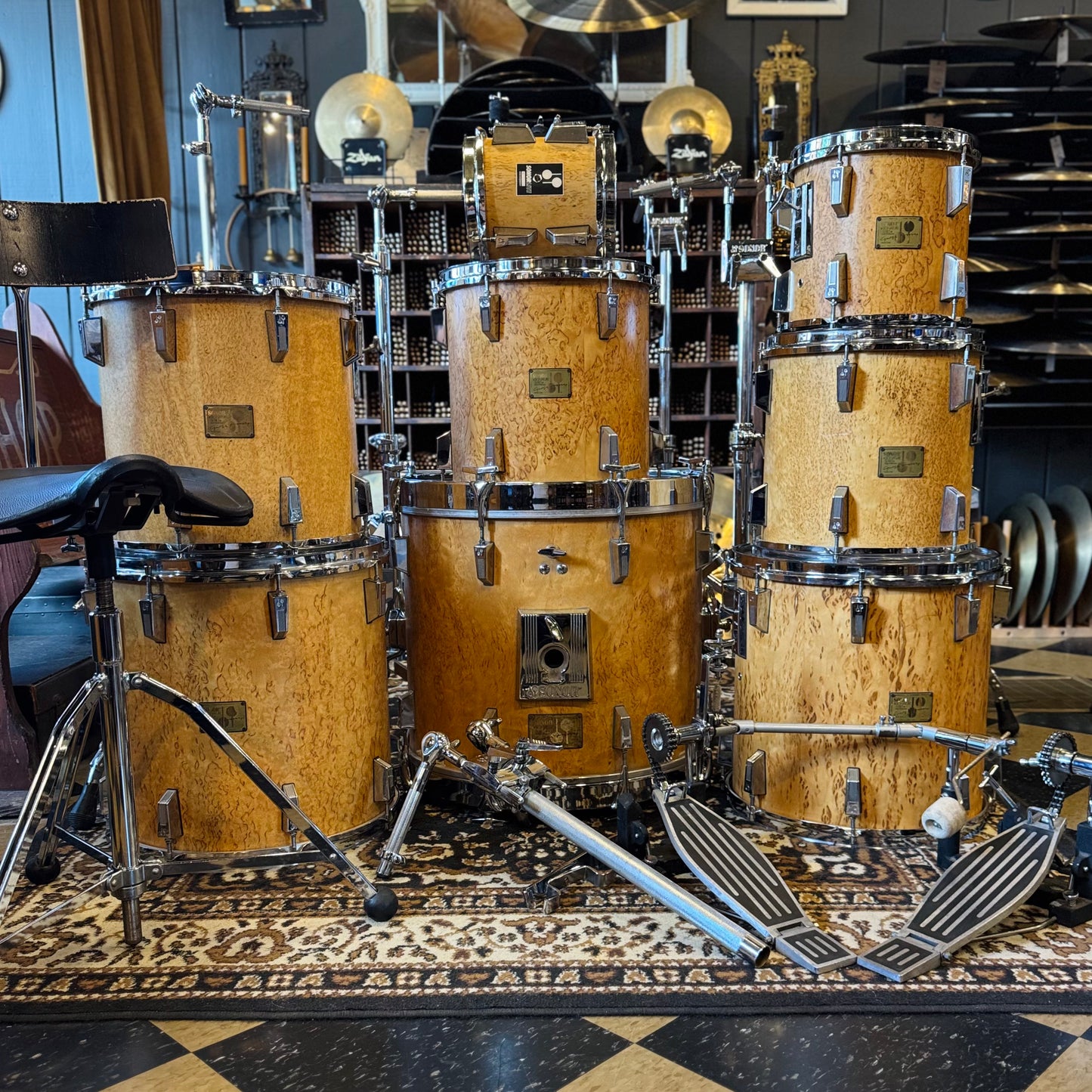 VINTAGE 1980's Sonor Signature Horst Link Heavy Beech Drum Set in Scandinavian Maserbirke - 20x20, 8x8, 10x10, 12x12, 13x13, 14x14, 15x15, 16x16