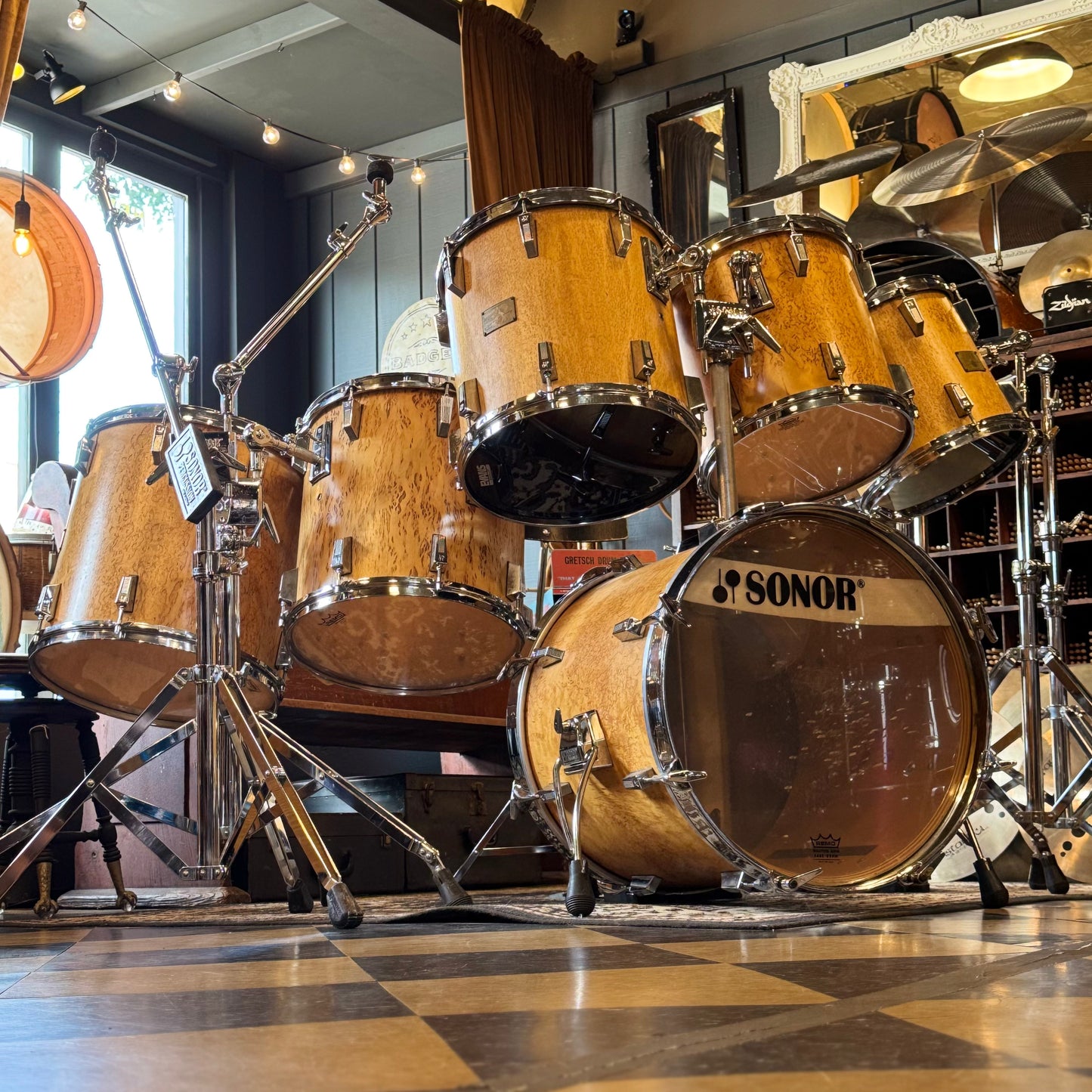 VINTAGE 1980's Sonor Signature Horst Link Heavy Beech Drum Set in Scandinavian Maserbirke - 20x20, 8x8, 10x10, 12x12, 13x13, 14x14, 15x15, 16x16