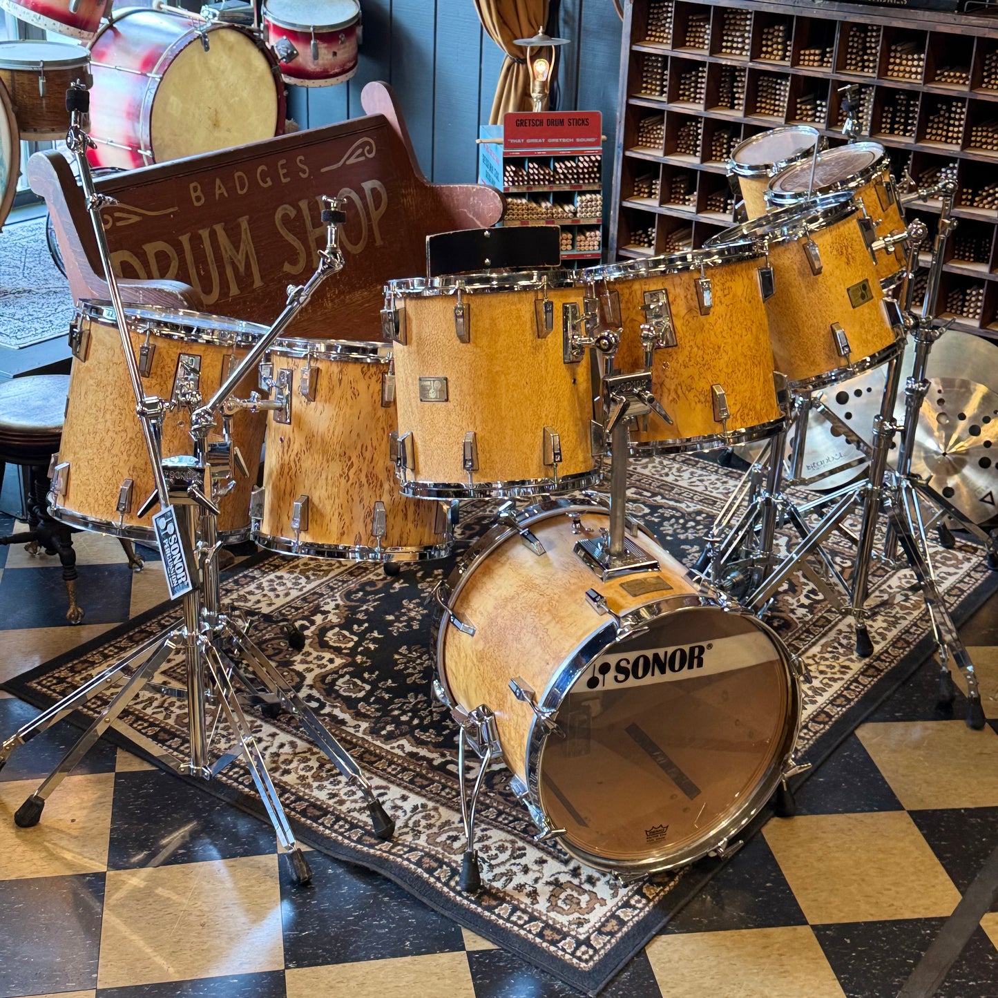VINTAGE 1980's Sonor Signature Horst Link Heavy Beech Drum Set in Scandinavian Maserbirke - 20x20, 8x8, 10x10, 12x12, 13x13, 14x14, 15x15, 16x16