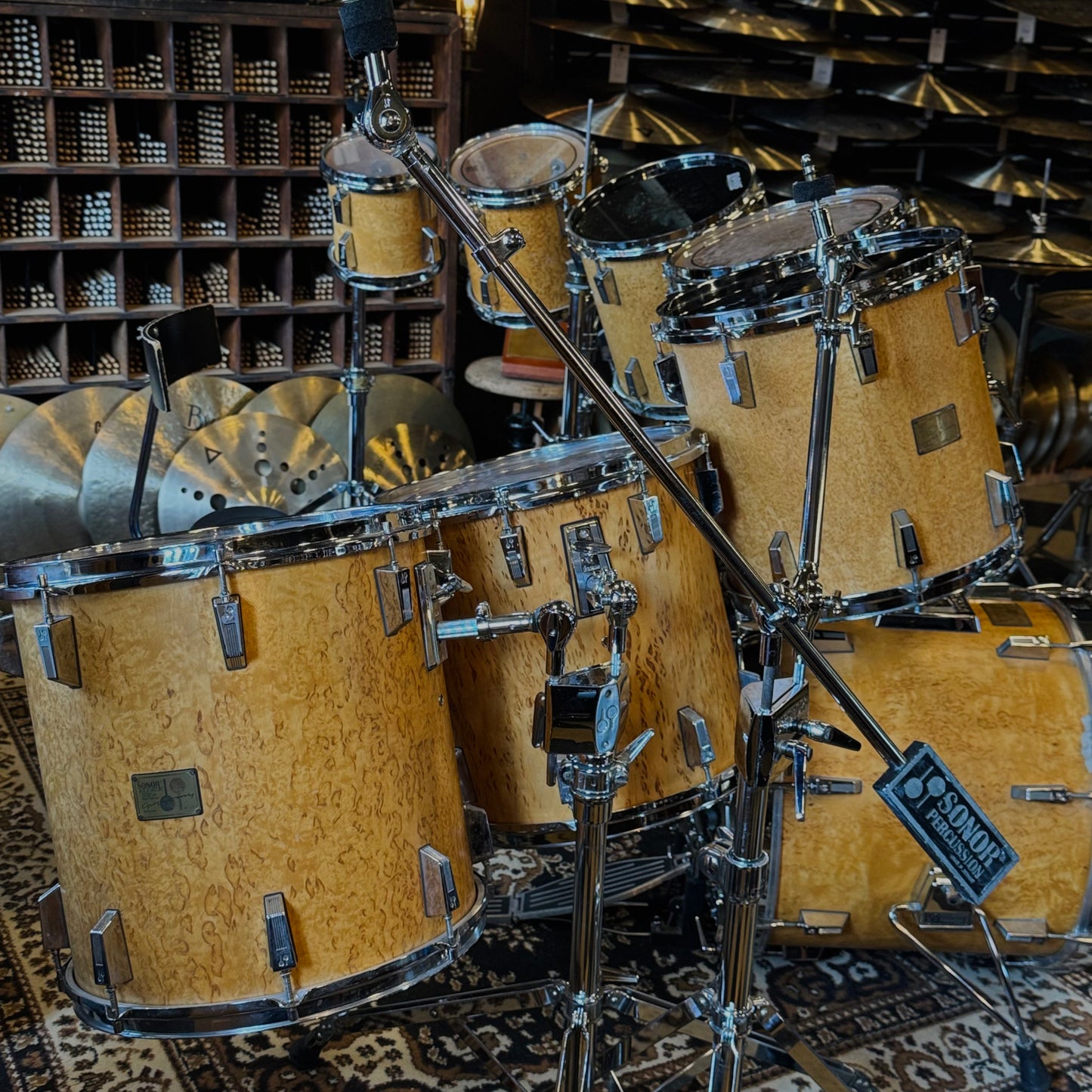 VINTAGE 1980's Sonor Signature Horst Link Heavy Beech Drum Set in Scandinavian Maserbirke - 20x20, 8x8, 10x10, 12x12, 13x13, 14x14, 15x15, 16x16