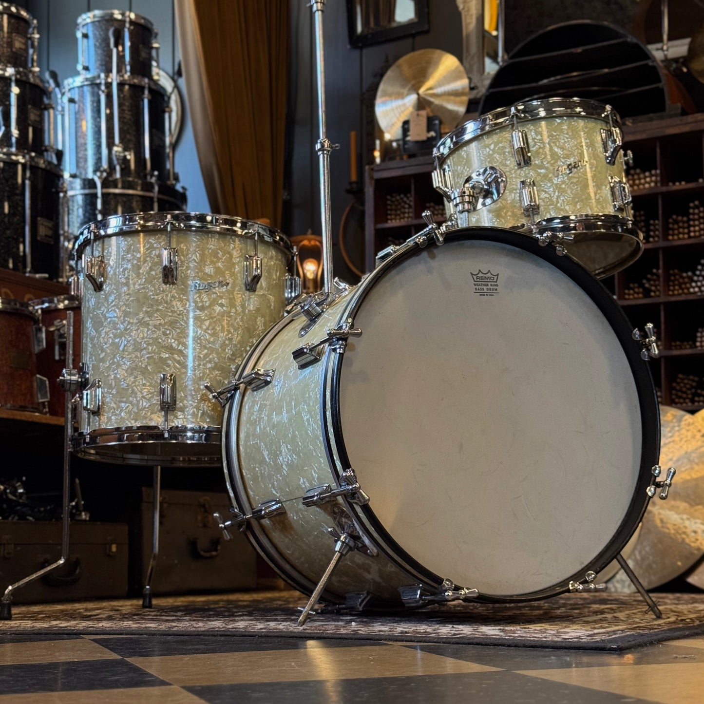 VINTAGE 1960's Rogers Cleveland Era Holiday Outfit Drum Set in White Marine Pearl - 14x20, 8x12, 14x14