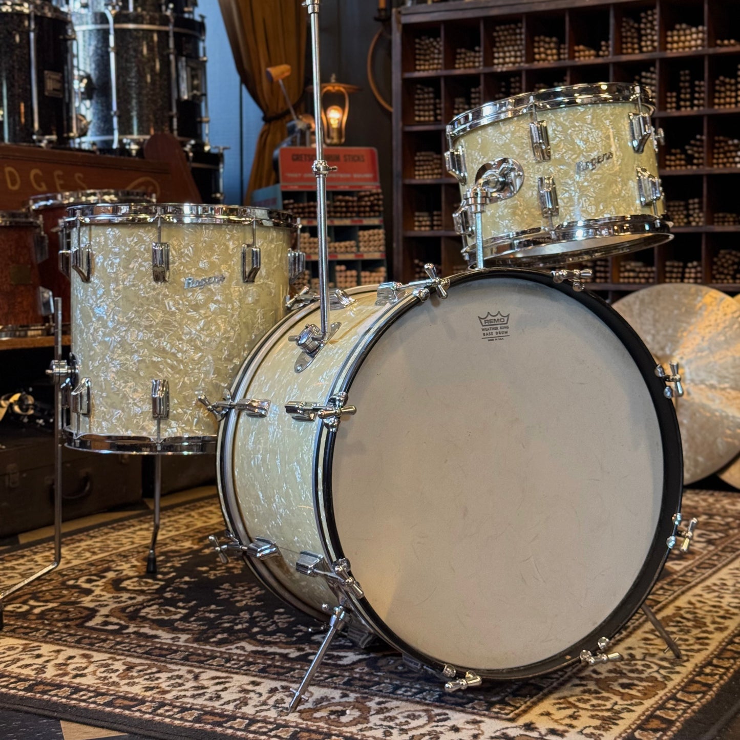 VINTAGE 1960's Rogers Cleveland Era Holiday Outfit Drum Set in White Marine Pearl - 14x20, 8x12, 14x14