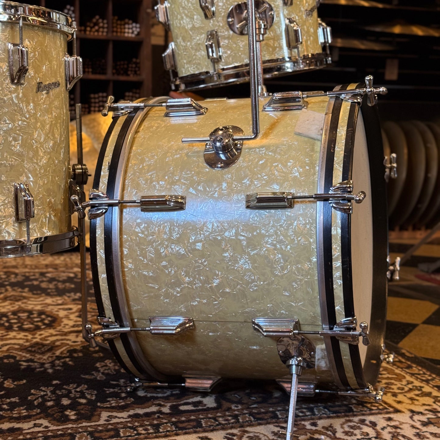 VINTAGE 1960's Rogers Cleveland Era Holiday Outfit Drum Set in White Marine Pearl - 14x20, 8x12, 14x14