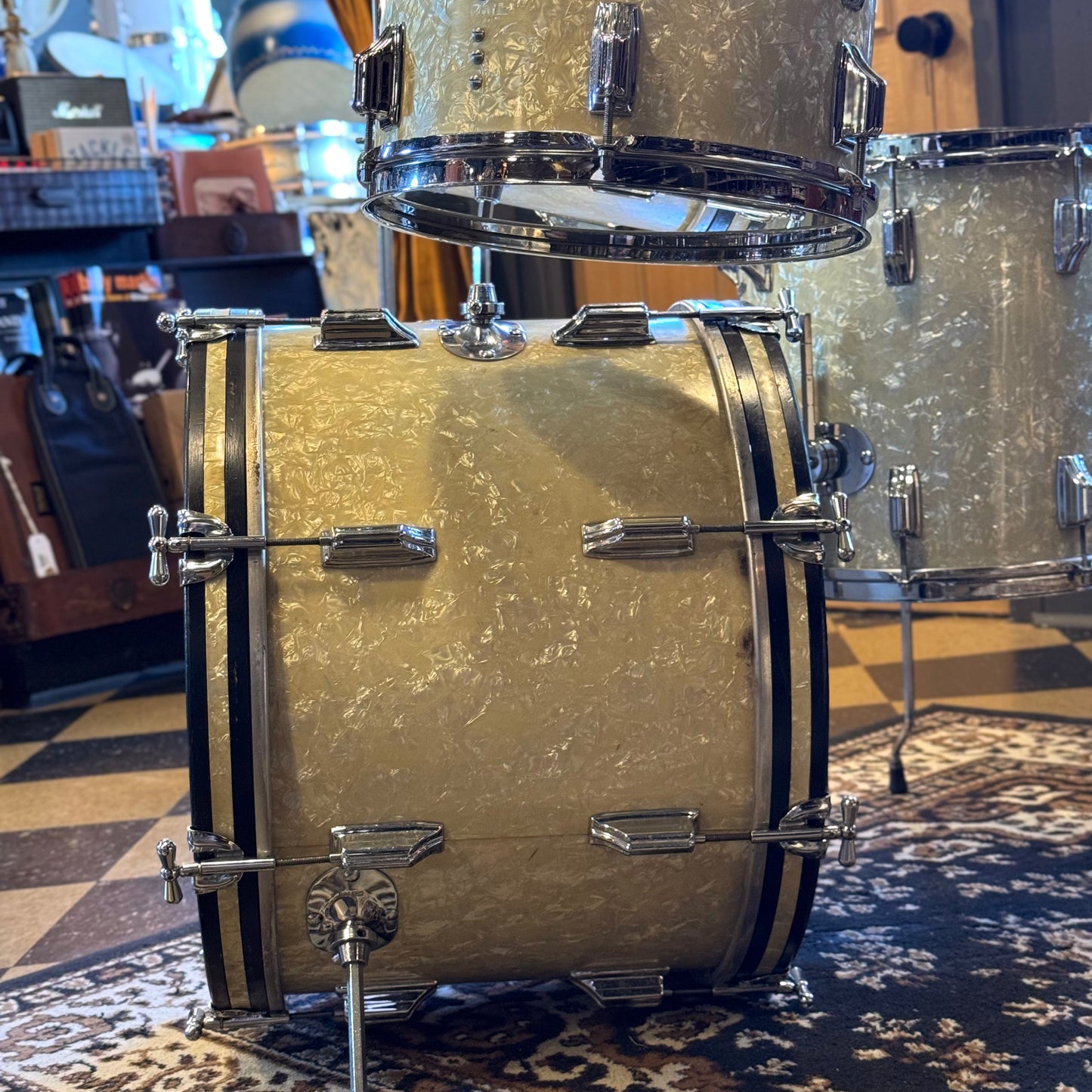 VINTAGE 1960's Rogers Cleveland Era Holiday Outfit Drum Set in White Marine Pearl - 14x20, 8x12, 14x14