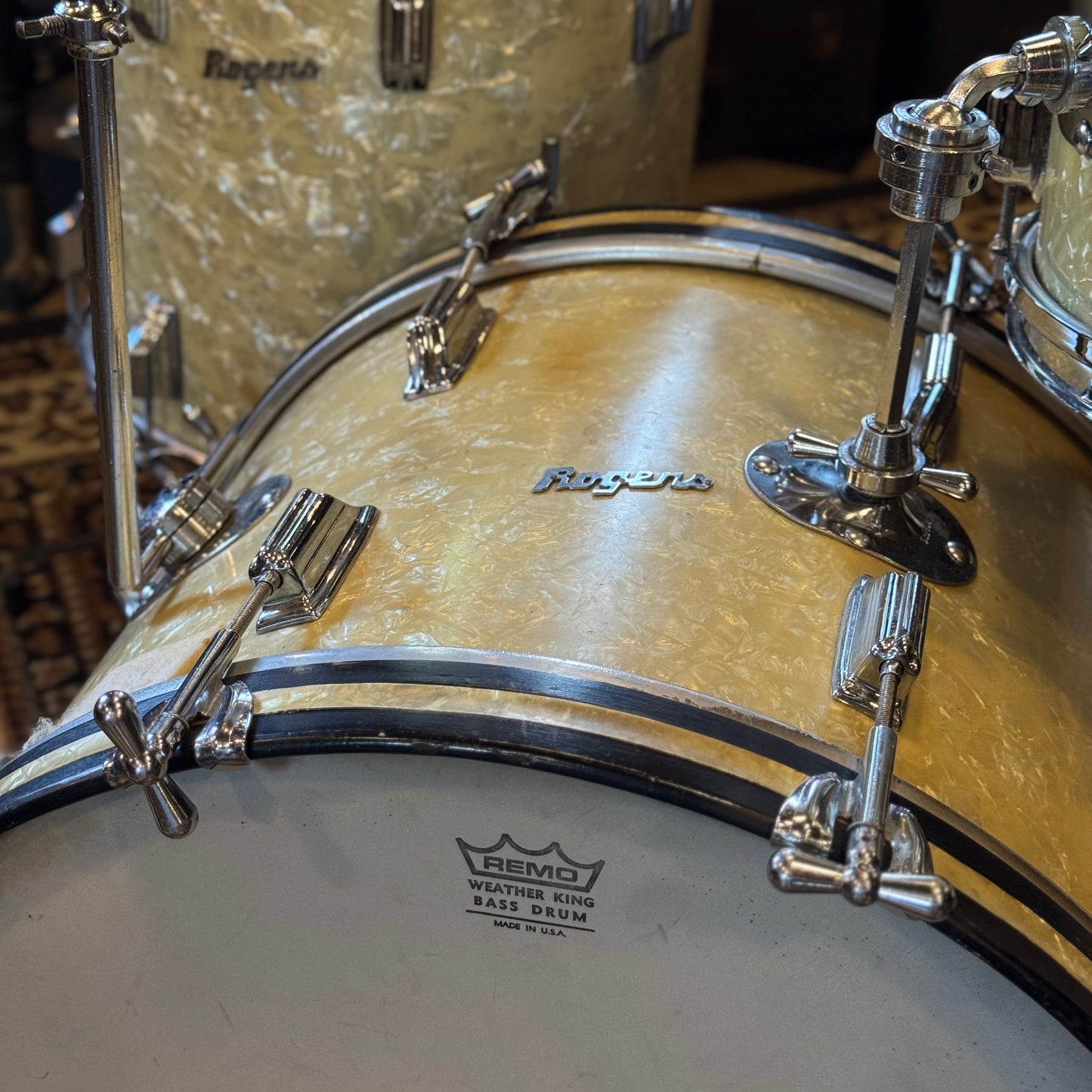 VINTAGE 1960's Rogers Cleveland Era Holiday Outfit Drum Set in White Marine Pearl - 14x20, 8x12, 14x14