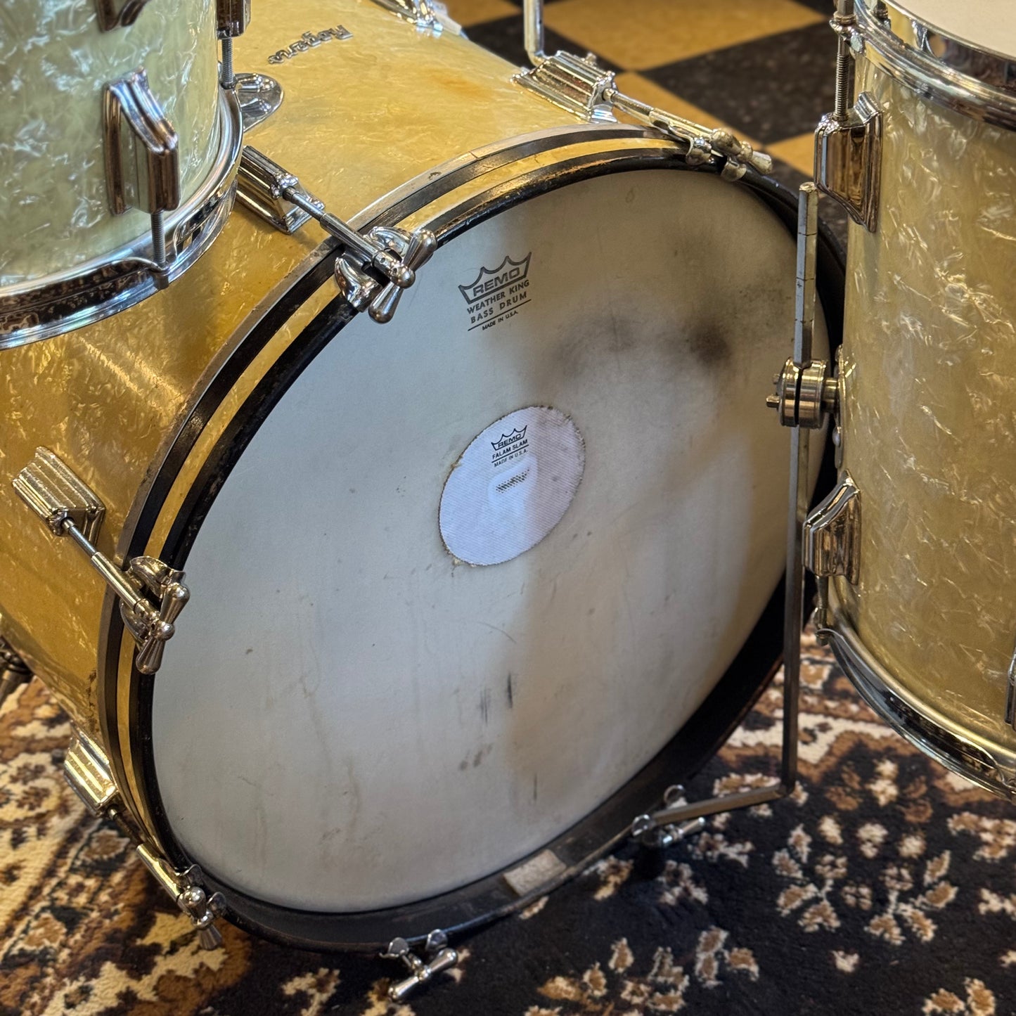 VINTAGE 1960's Rogers Cleveland Era Holiday Outfit Drum Set in White Marine Pearl - 14x20, 8x12, 14x14