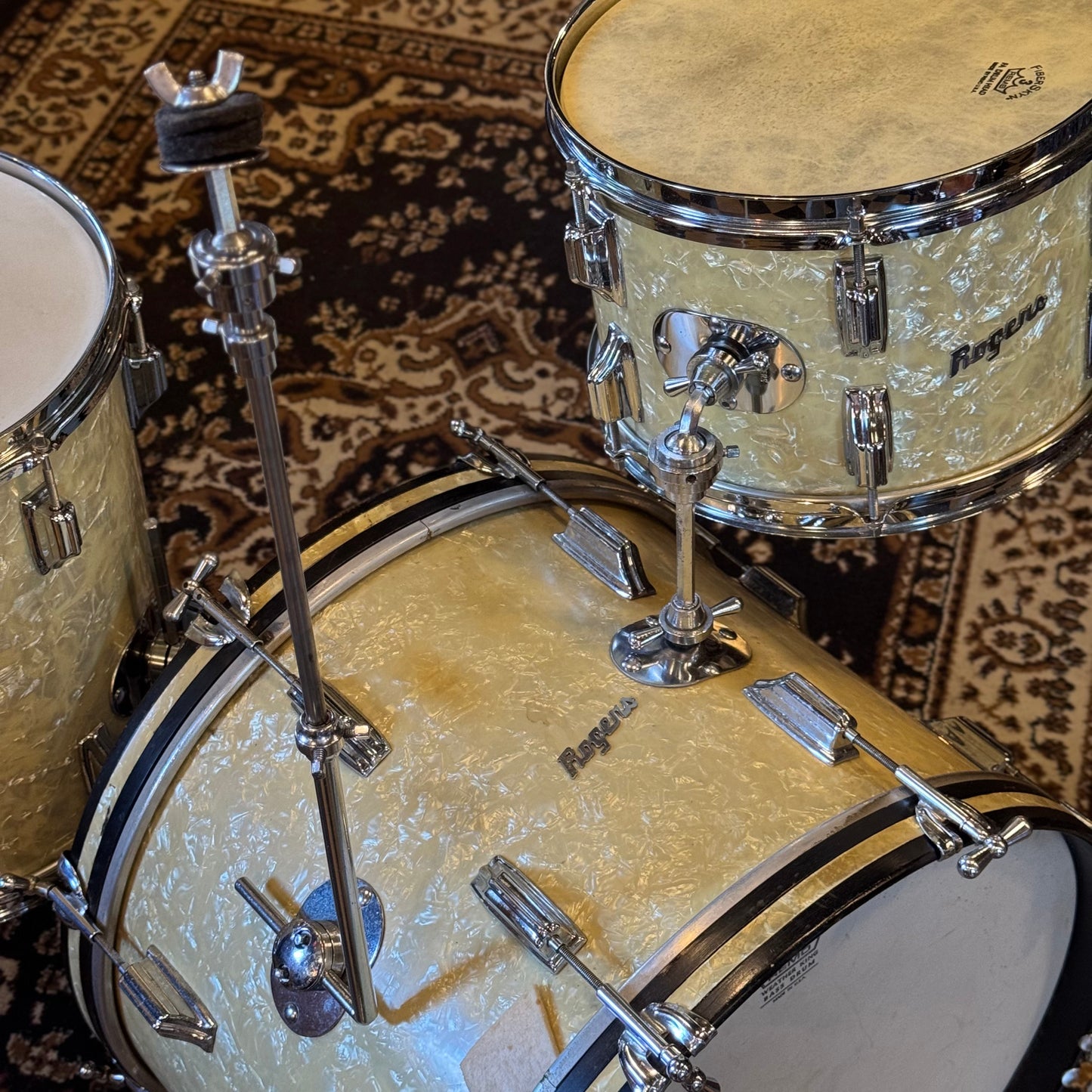 VINTAGE 1960's Rogers Cleveland Era Holiday Outfit Drum Set in White Marine Pearl - 14x20, 8x12, 14x14