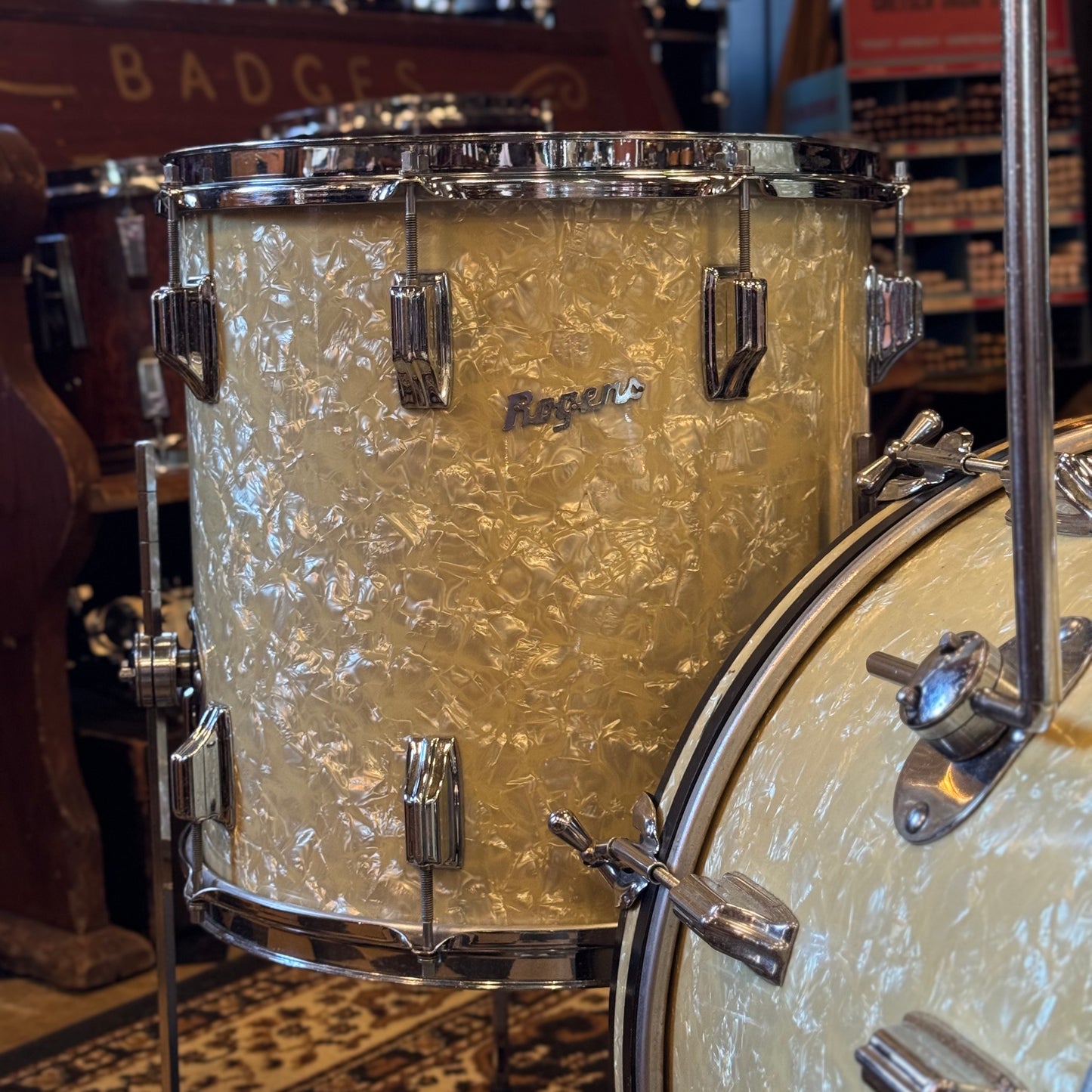 VINTAGE 1960's Rogers Cleveland Era Holiday Outfit Drum Set in White Marine Pearl - 14x20, 8x12, 14x14