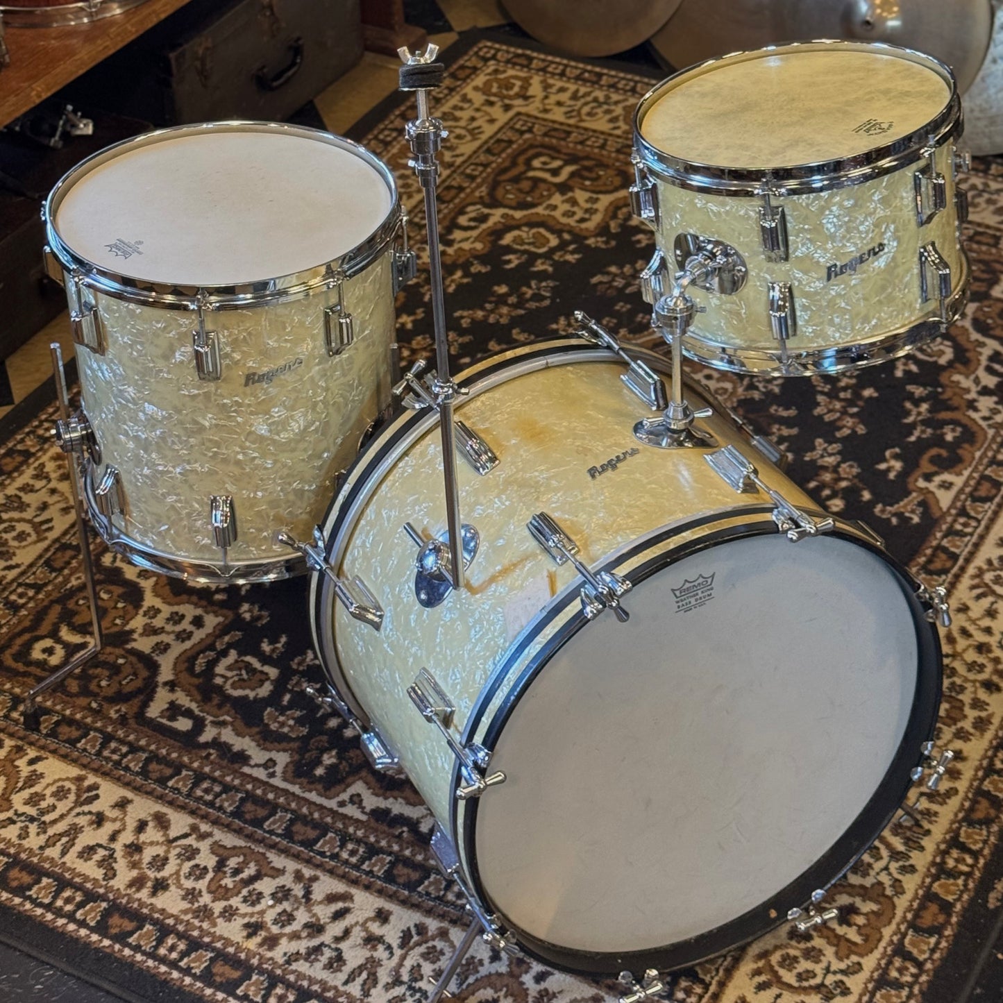VINTAGE 1960's Rogers Cleveland Era Holiday Outfit Drum Set in White Marine Pearl - 14x20, 8x12, 14x14
