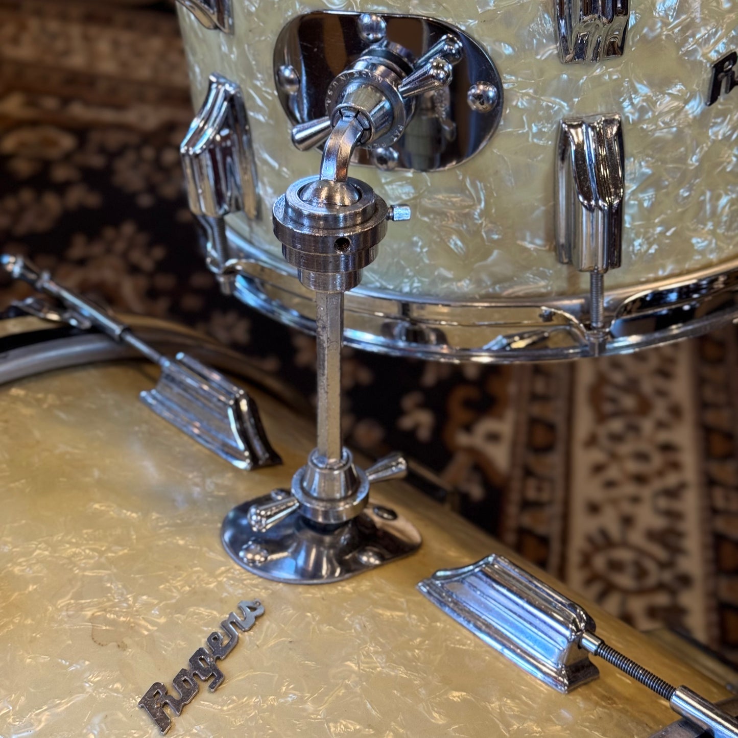 VINTAGE 1960's Rogers Cleveland Era Holiday Outfit Drum Set in White Marine Pearl - 14x20, 8x12, 14x14