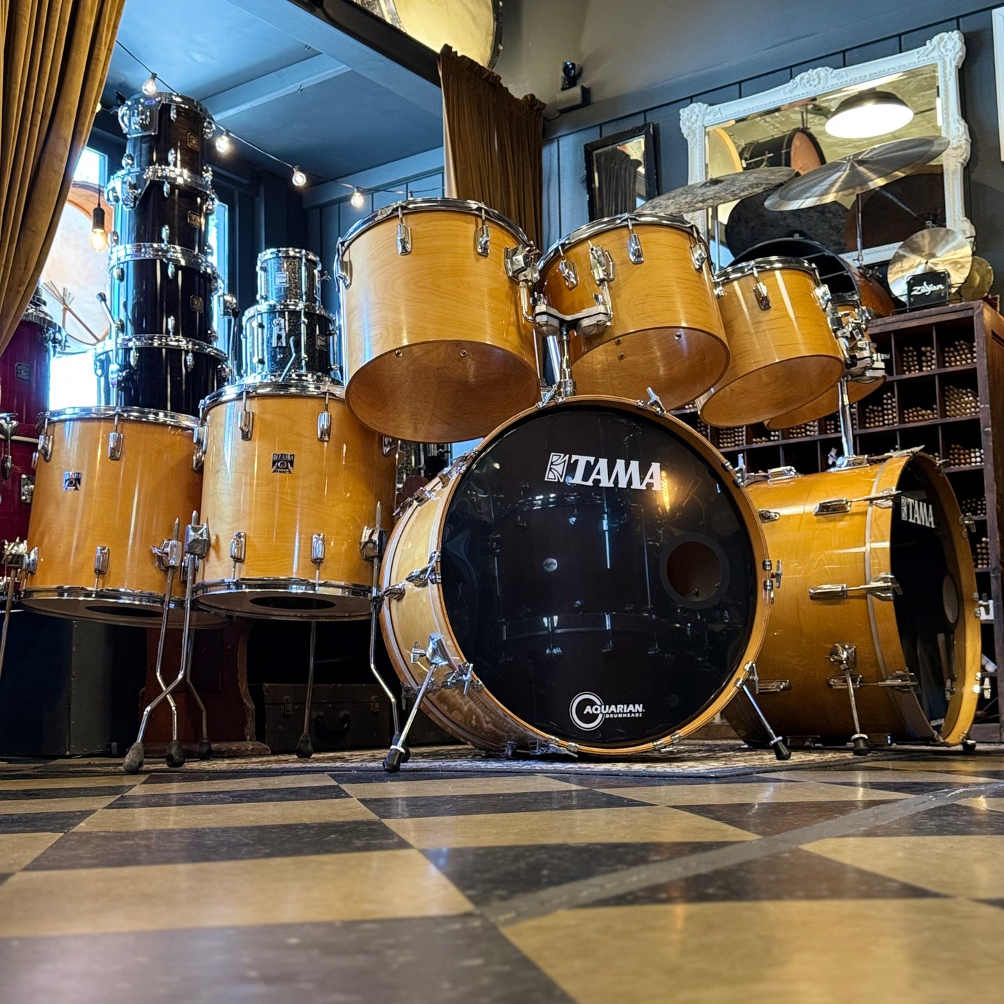 VINTAGE 1980's Tama Super Star Double Bass Drum Set in Natural Gloss - 14x24, 14x24, 8x12, 9x13, 10x14, 12x15, 16x16, 16x18