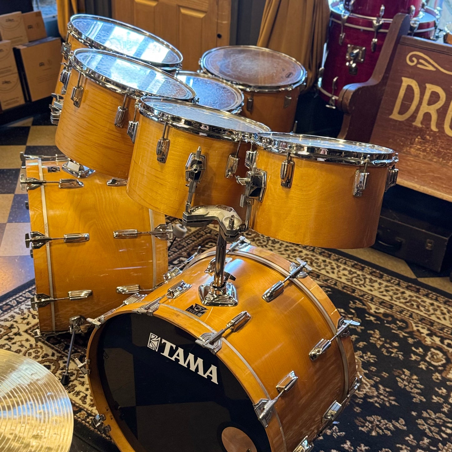 VINTAGE 1980's Tama Super Star Double Bass Drum Set in Natural Gloss - 14x24, 14x24, 8x12, 9x13, 10x14, 12x15, 16x16, 16x18