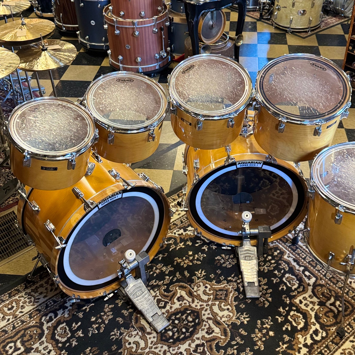 VINTAGE 1980's Tama Super Star Double Bass Drum Set in Natural Gloss - 14x24, 14x24, 8x12, 9x13, 10x14, 12x15, 16x16, 16x18