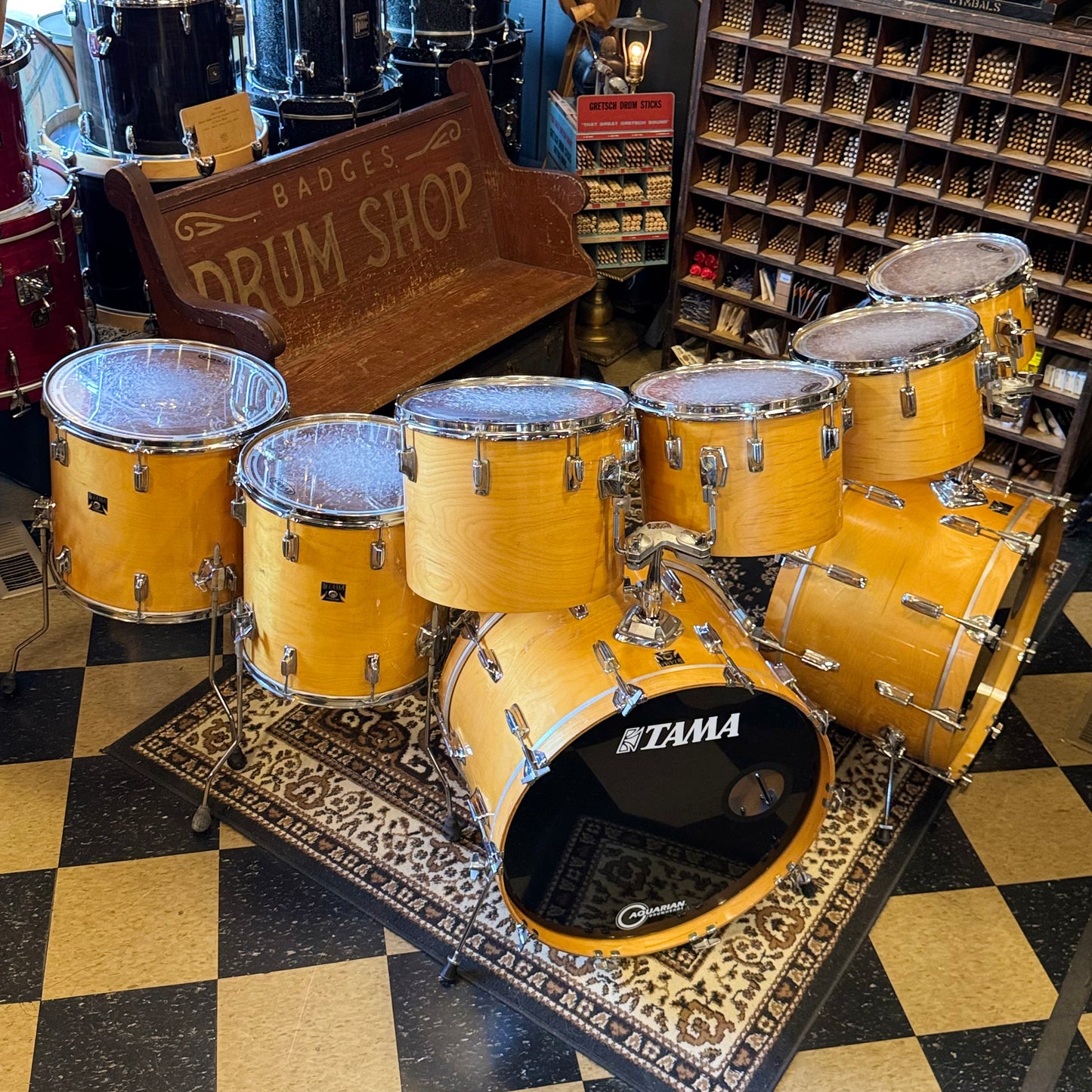 VINTAGE 1980's Tama Super Star Double Bass Drum Set in Natural Gloss - 14x24, 14x24, 8x12, 9x13, 10x14, 12x15, 16x16, 16x18