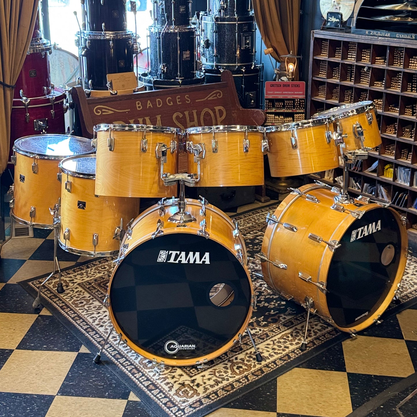 VINTAGE 1980's Tama Super Star Double Bass Drum Set in Natural Gloss - 14x24, 14x24, 8x12, 9x13, 10x14, 12x15, 16x16, 16x18