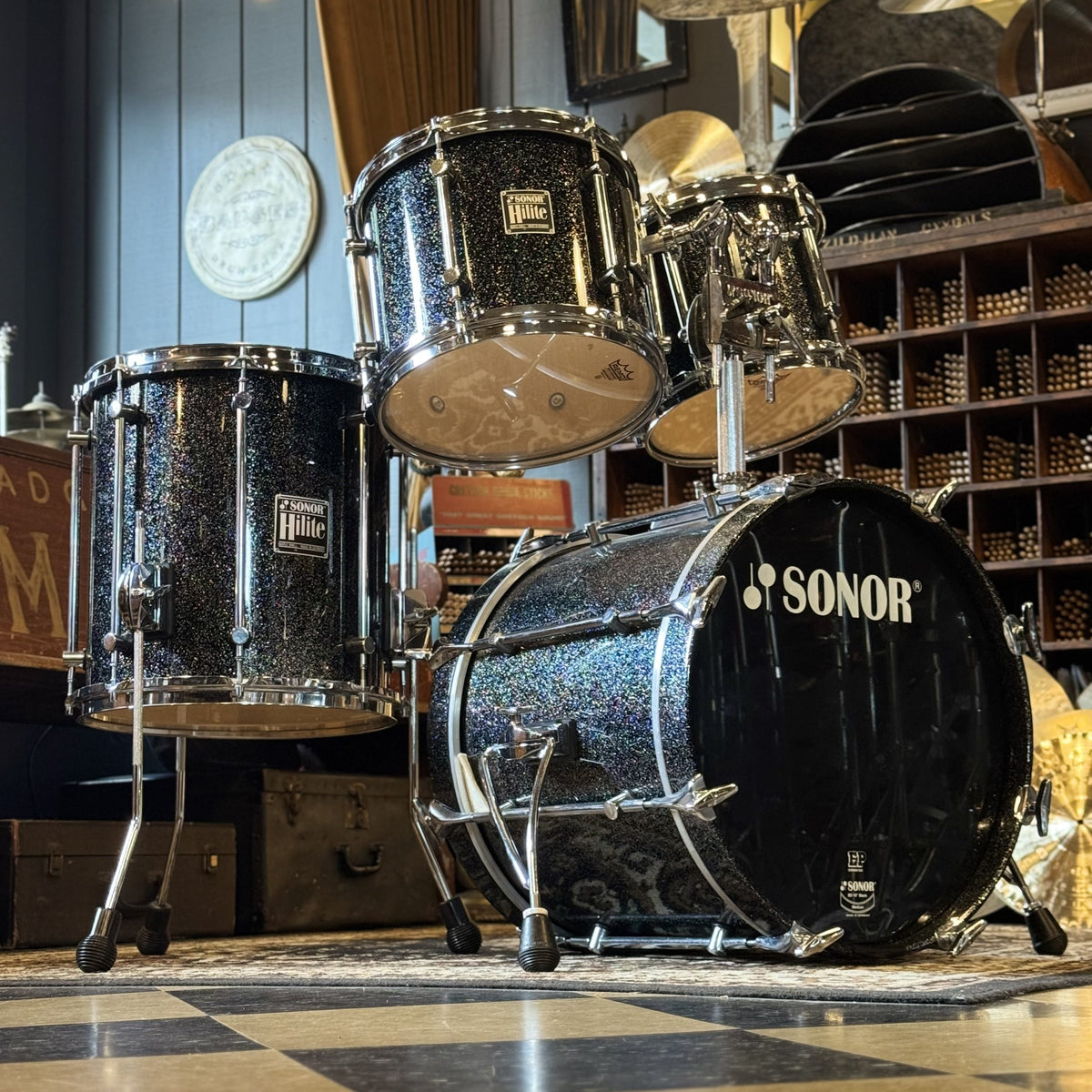 VINTAGE 1980's Sonor Hilite Drum Set in Black Diamond - 15x18, 9x10, 10x12, 14x15