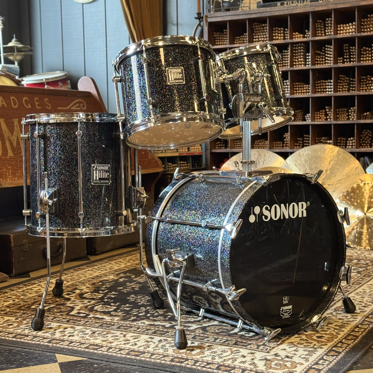 VINTAGE 1980's Sonor Hilite Drum Set in Black Diamond - 15x18, 9x10, 10x12, 14x15