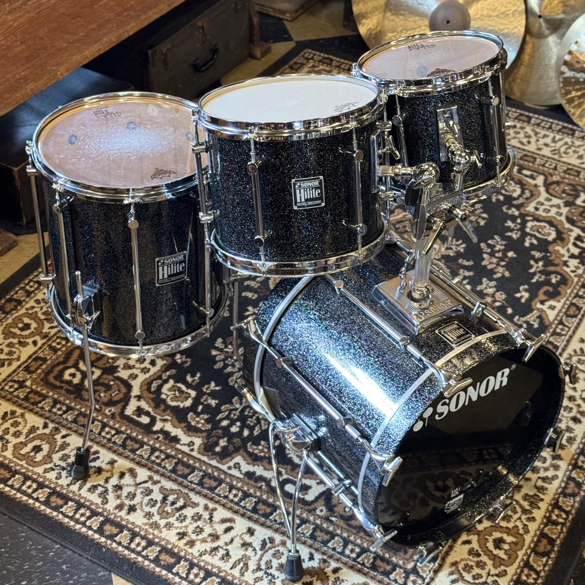 VINTAGE 1980's Sonor Hilite Drum Set in Black Diamond - 15x18, 9x10, 10x12, 14x15