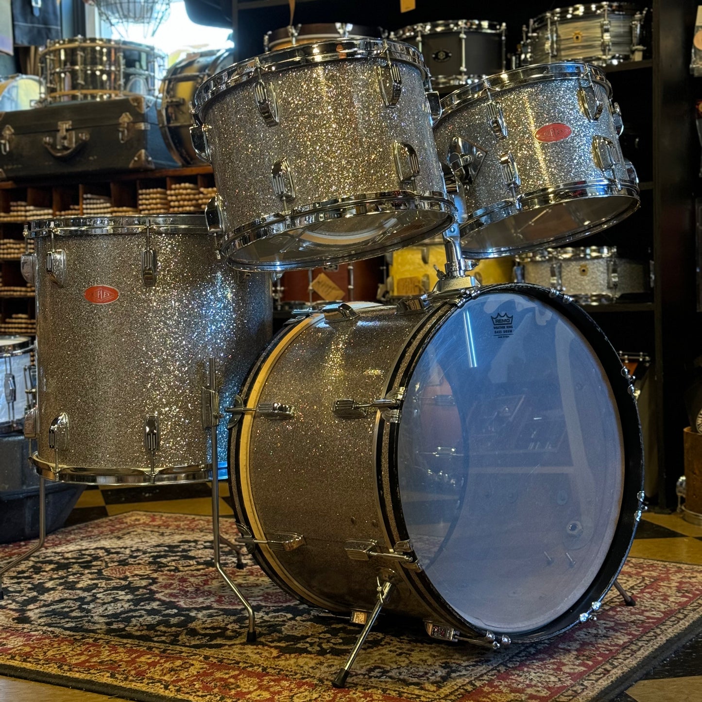 VINTAGE 1960's Duplex Drum Set in Silver Glass Glitter - 14x20, 8x12, 9x13, 16x16