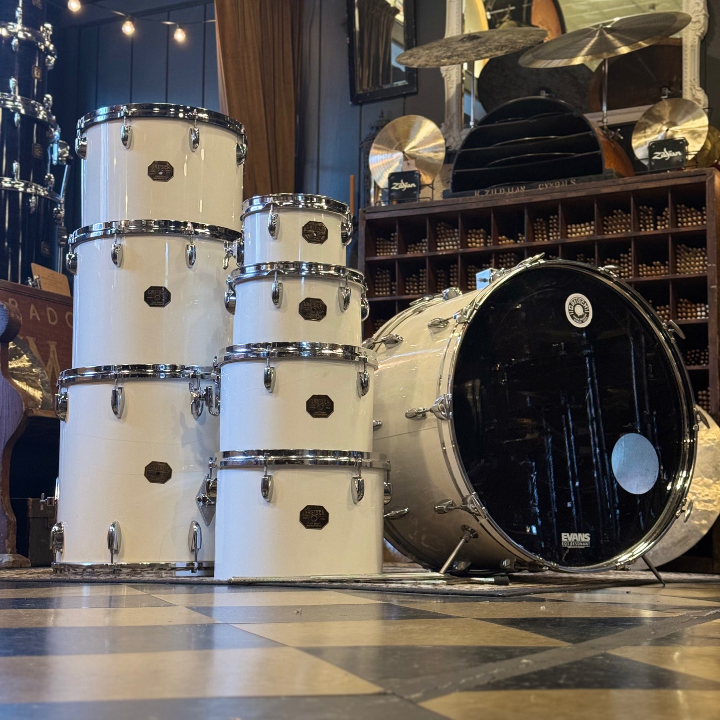 VINTAGE 1970's Gretsch Stop Sign Badge Concert Tom Kit in White Nitron - 14x24, 5x8, 6x10, 8x12, 9x13, 10x14, 12x15, 16x16