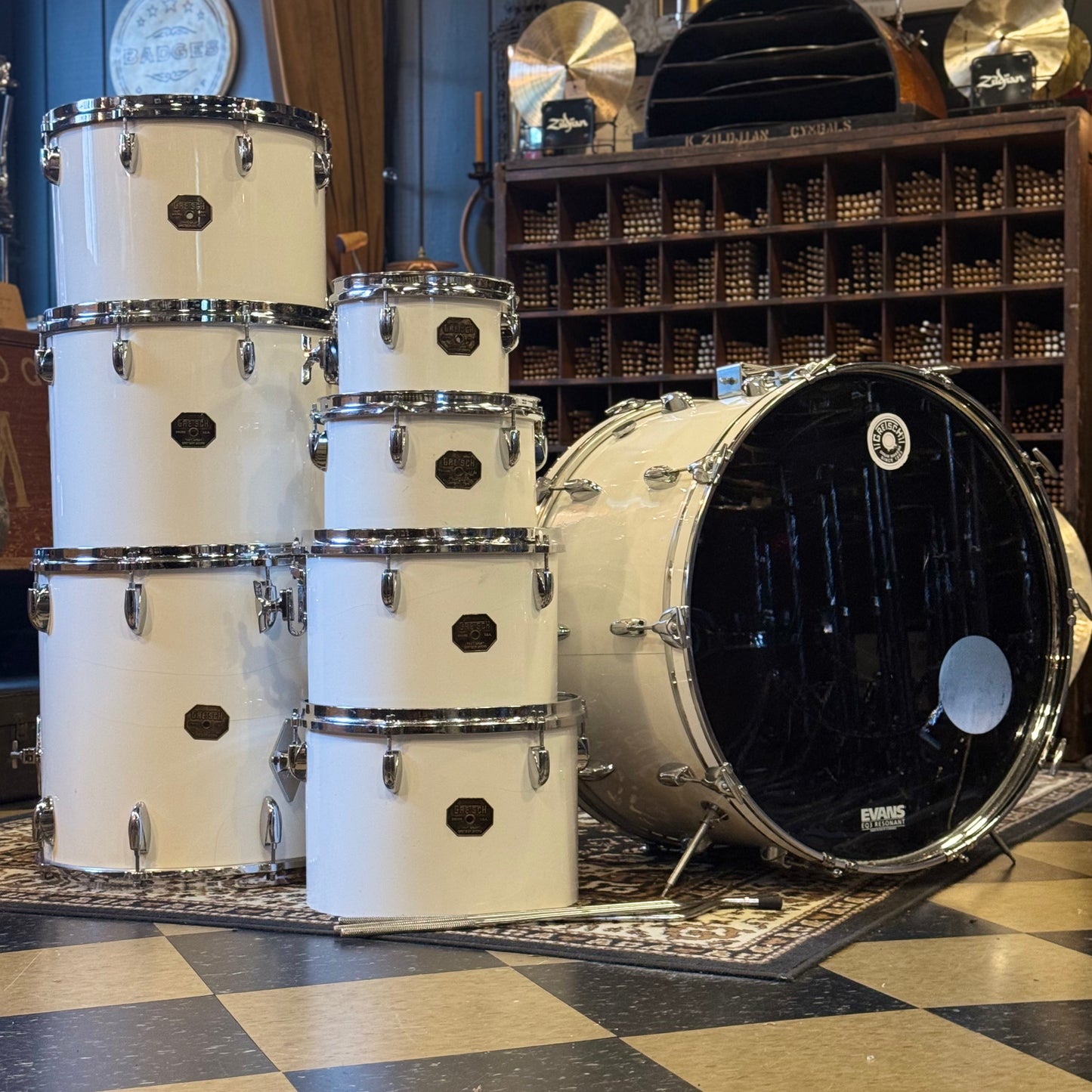 VINTAGE 1970's Gretsch Stop Sign Badge Concert Tom Kit in White Nitron - 14x24, 5x8, 6x10, 8x12, 9x13, 10x14, 12x15, 16x16