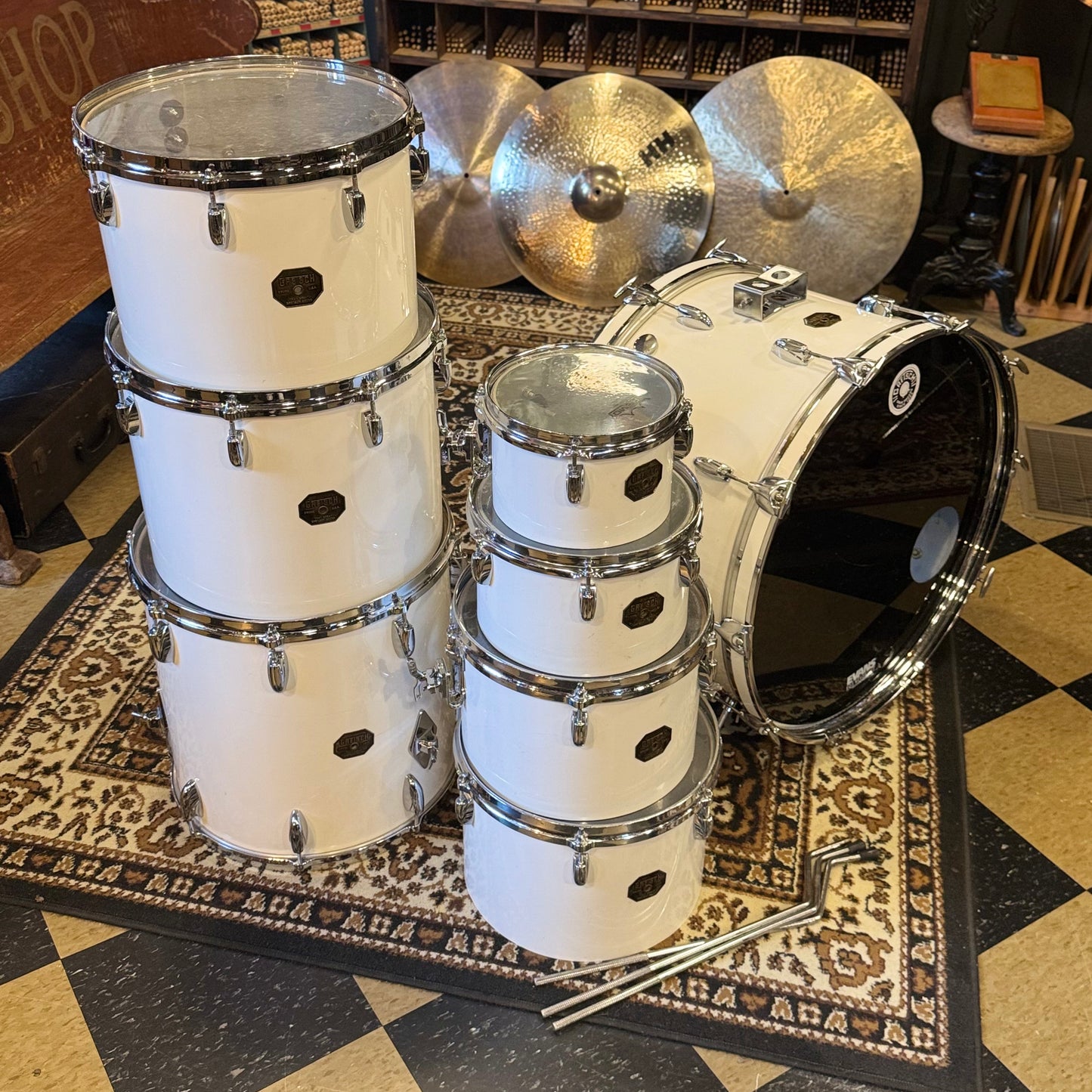 VINTAGE 1970's Gretsch Stop Sign Badge Concert Tom Kit in White Nitron - 14x24, 5x8, 6x10, 8x12, 9x13, 10x14, 12x15, 16x16