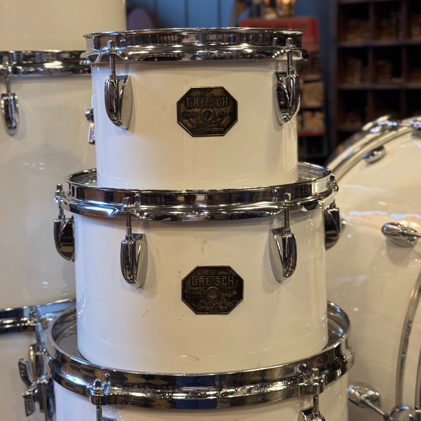 VINTAGE 1970's Gretsch Stop Sign Badge Concert Tom Kit in White Nitron - 14x24, 5x8, 6x10, 8x12, 9x13, 10x14, 12x15, 16x16