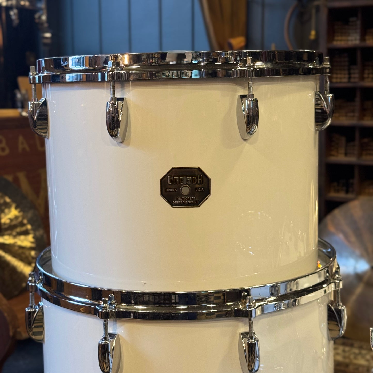 VINTAGE 1970's Gretsch Stop Sign Badge Concert Tom Kit in White Nitron - 14x24, 5x8, 6x10, 8x12, 9x13, 10x14, 12x15, 16x16