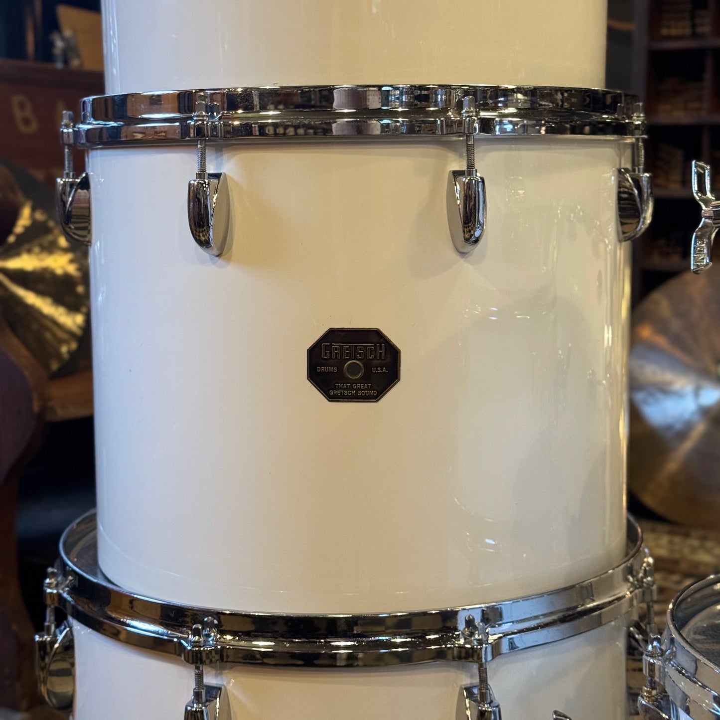 VINTAGE 1970's Gretsch Stop Sign Badge Concert Tom Kit in White Nitron - 14x24, 5x8, 6x10, 8x12, 9x13, 10x14, 12x15, 16x16