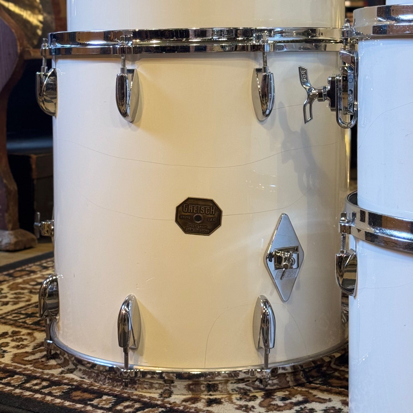VINTAGE 1970's Gretsch Stop Sign Badge Concert Tom Kit in White Nitron - 14x24, 5x8, 6x10, 8x12, 9x13, 10x14, 12x15, 16x16