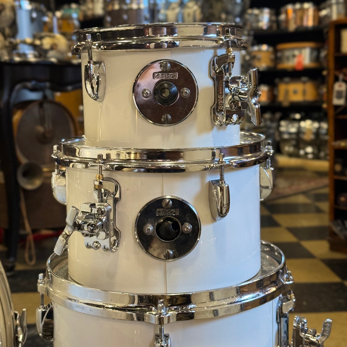 VINTAGE 1970's Gretsch Stop Sign Badge Concert Tom Kit in White Nitron - 14x24, 5x8, 6x10, 8x12, 9x13, 10x14, 12x15, 16x16